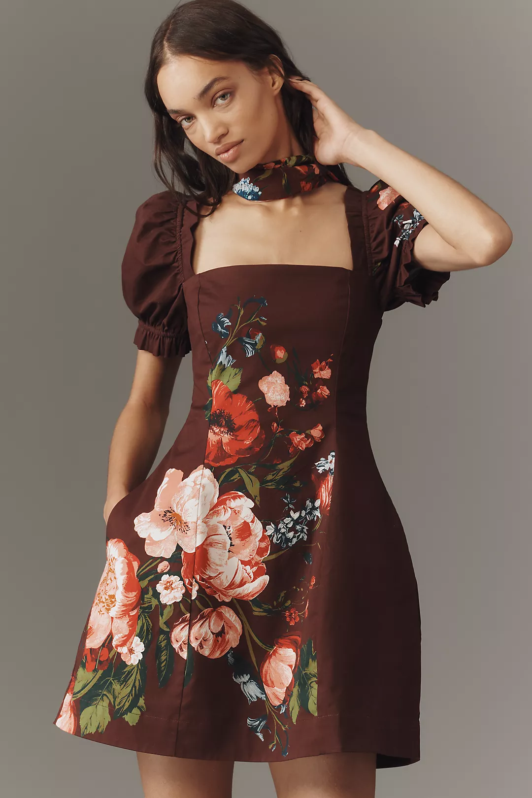 Maeve Puff-Sleeve Square-Neck Floral Mini Dress