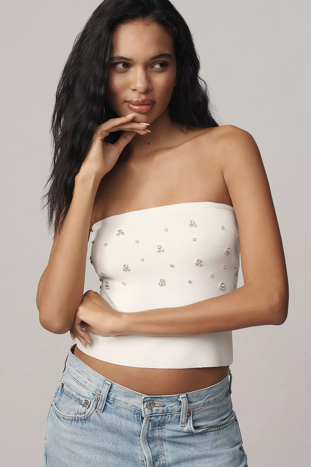 Maeve Embellished Crop Knit Tube Top