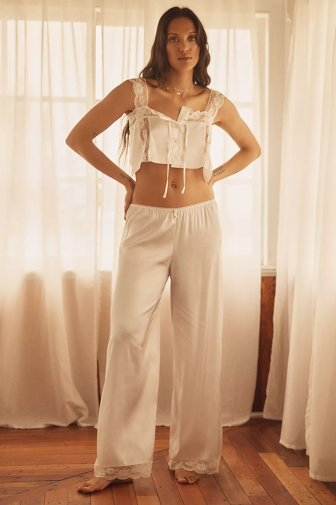 Kat The Label Cindy Lace-Trim Satin Wide-Leg Pants