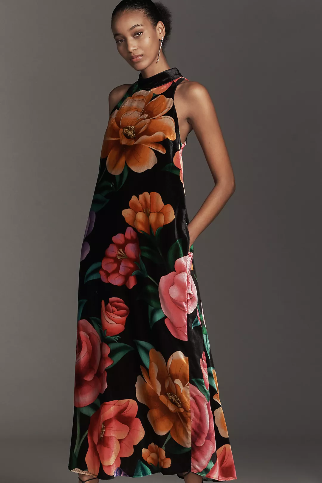 Farm Rio x Anthropologie Mock-Neck Printed Velvet Midi Dress