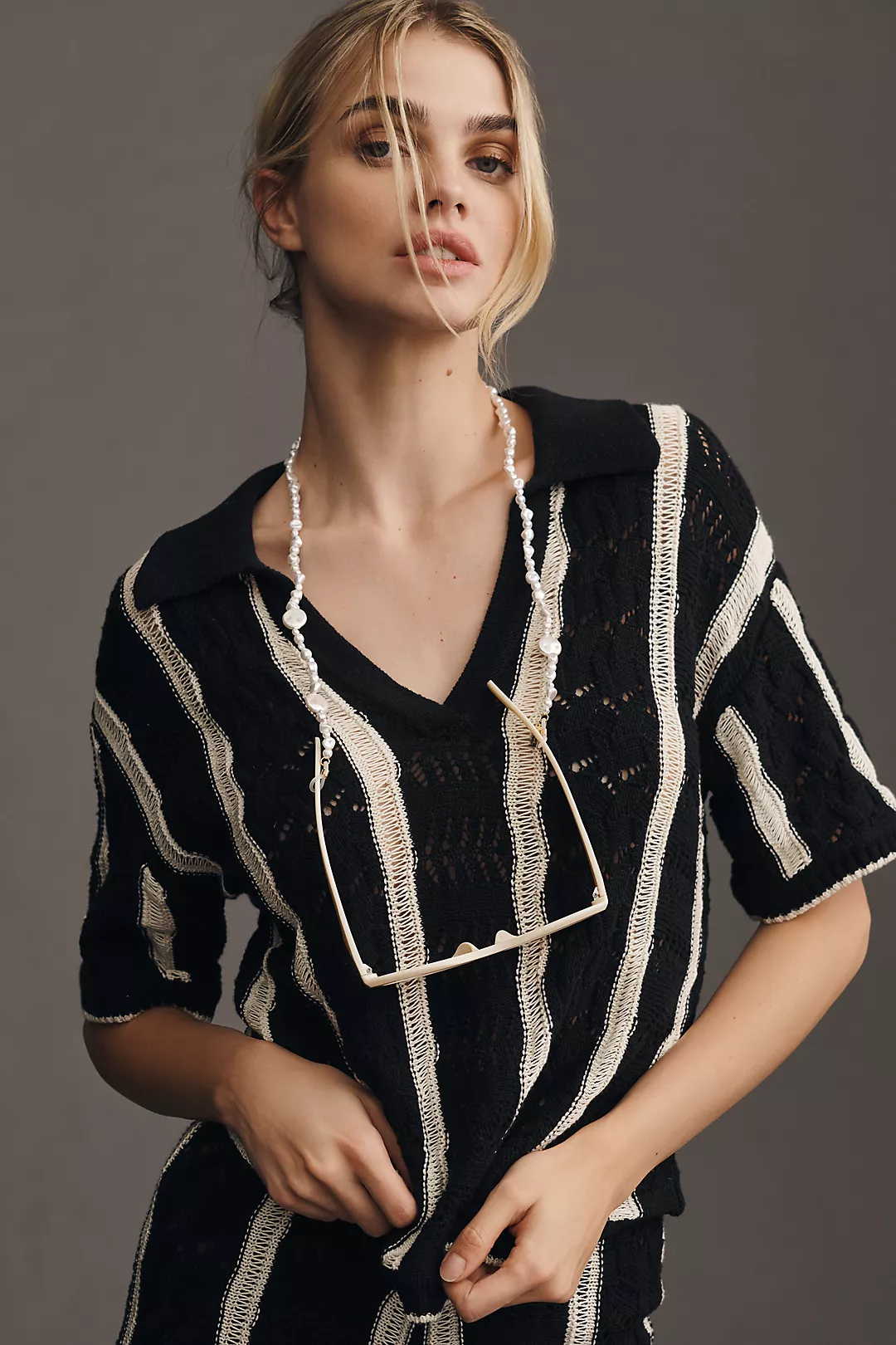 Central Park West Short-Sleeve Collared Open-Stitch Striped Sweater