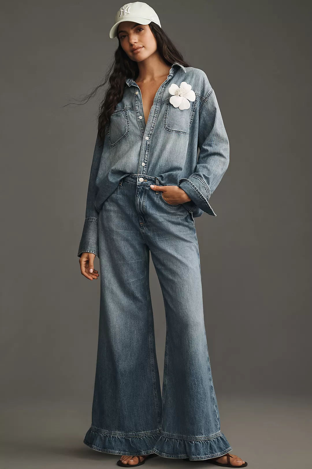 Pilcro High-Rise Wide-Leg Ruffle Flare Jeans