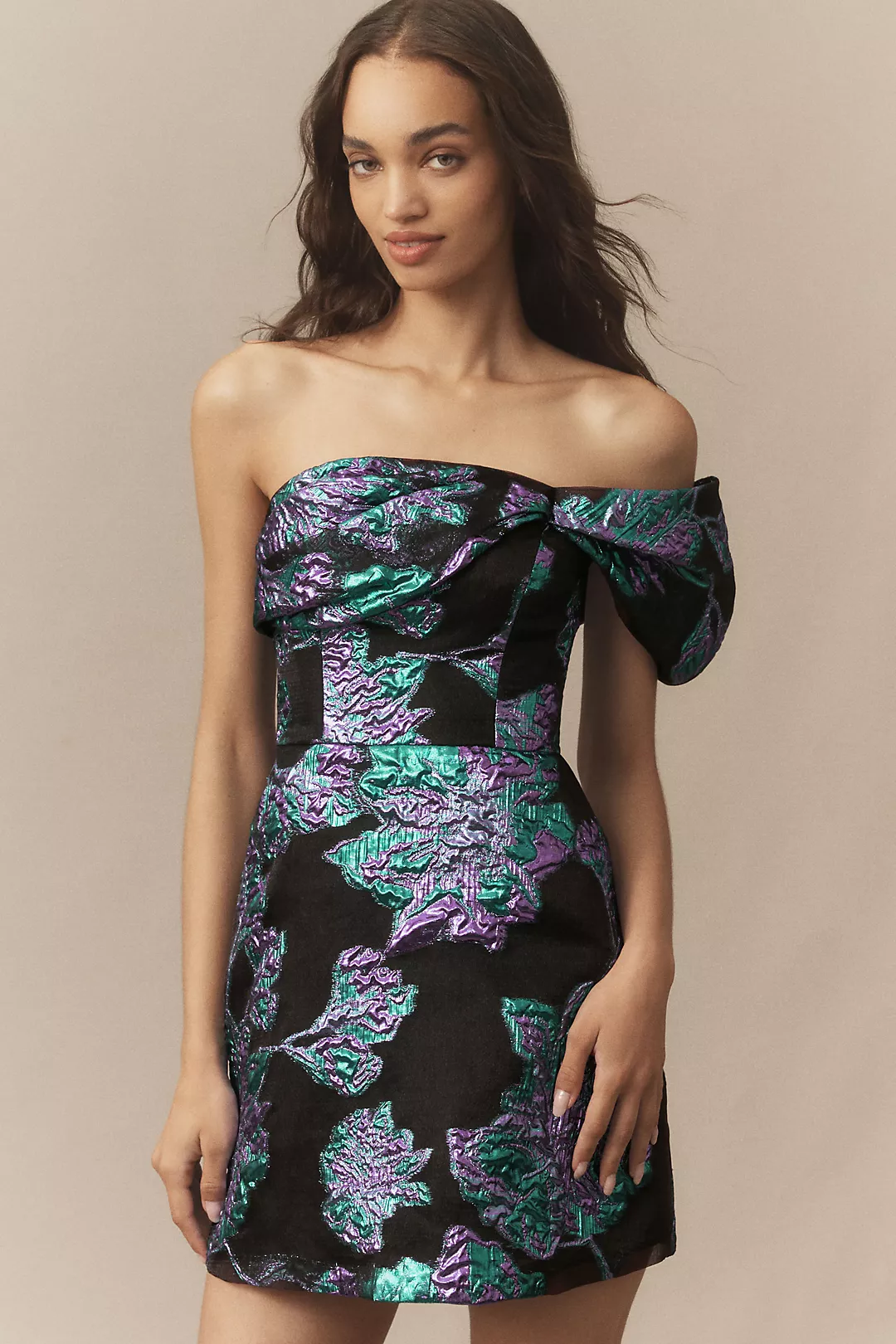 Dress The Population Olive Off-The-Shoulder Jacquard A-Line Mini Dress