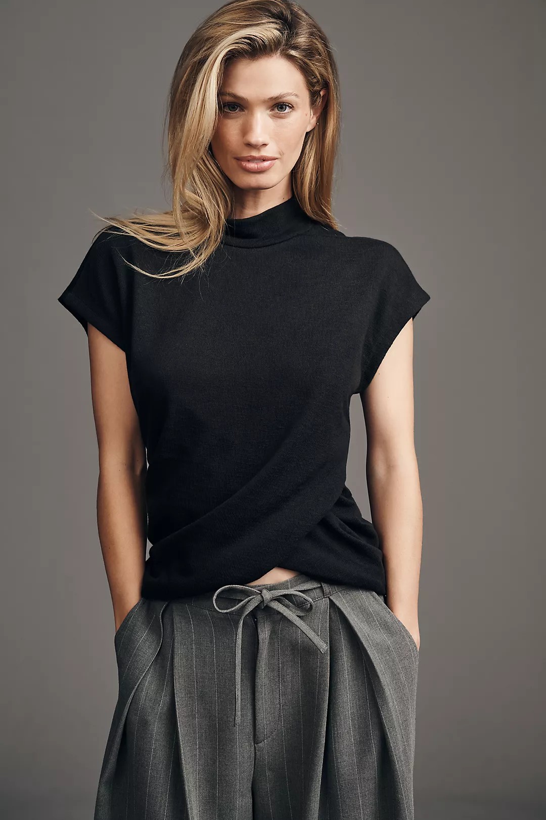Sanctuary Cap-Sleeve Mock-Neck Draped Top