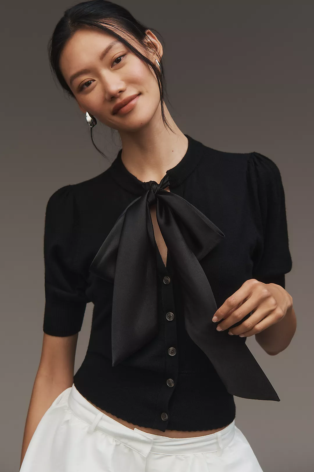 Maeve Puff-Sleeve Organza Bow-Front Cardigan Sweater