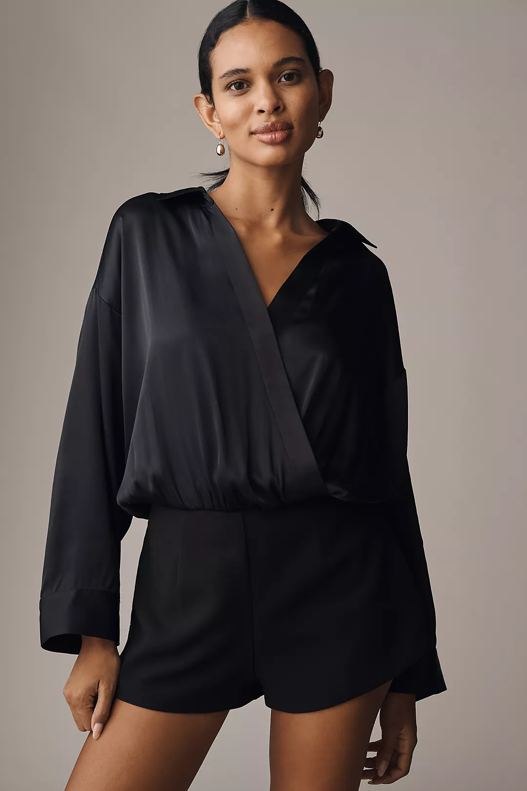 Maeve Long-Sleeve Satin Twofer Romper