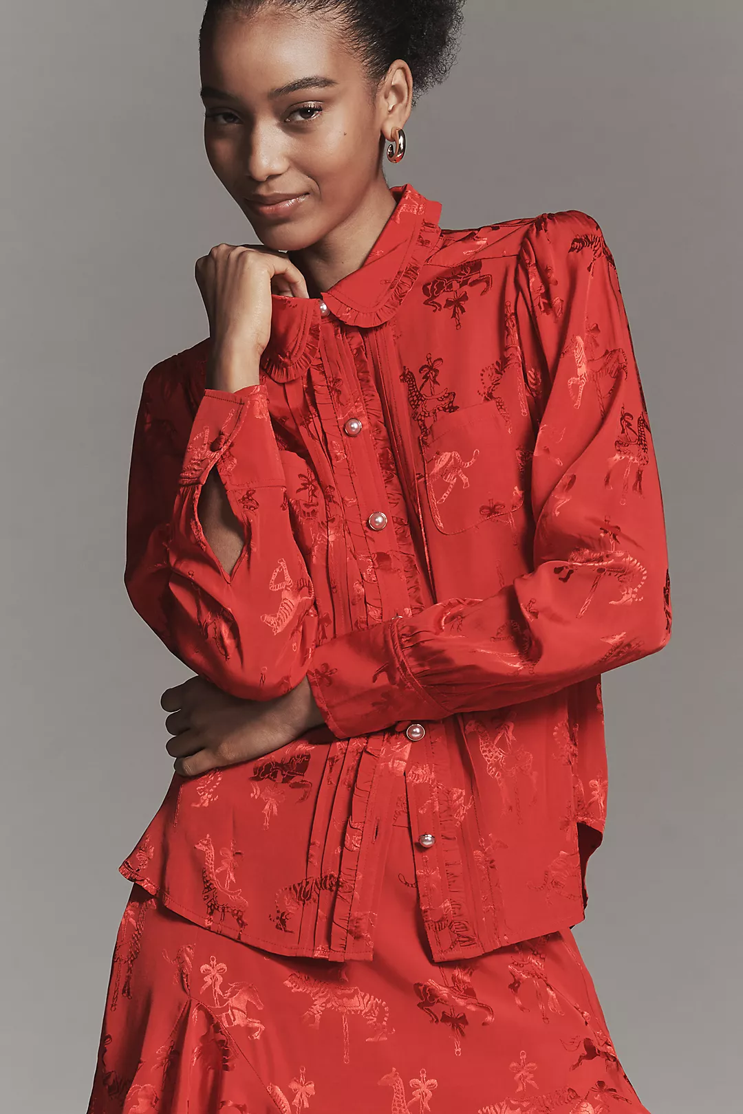 Maeve Long-Sleeve Printed Silky Buttondown Blouse