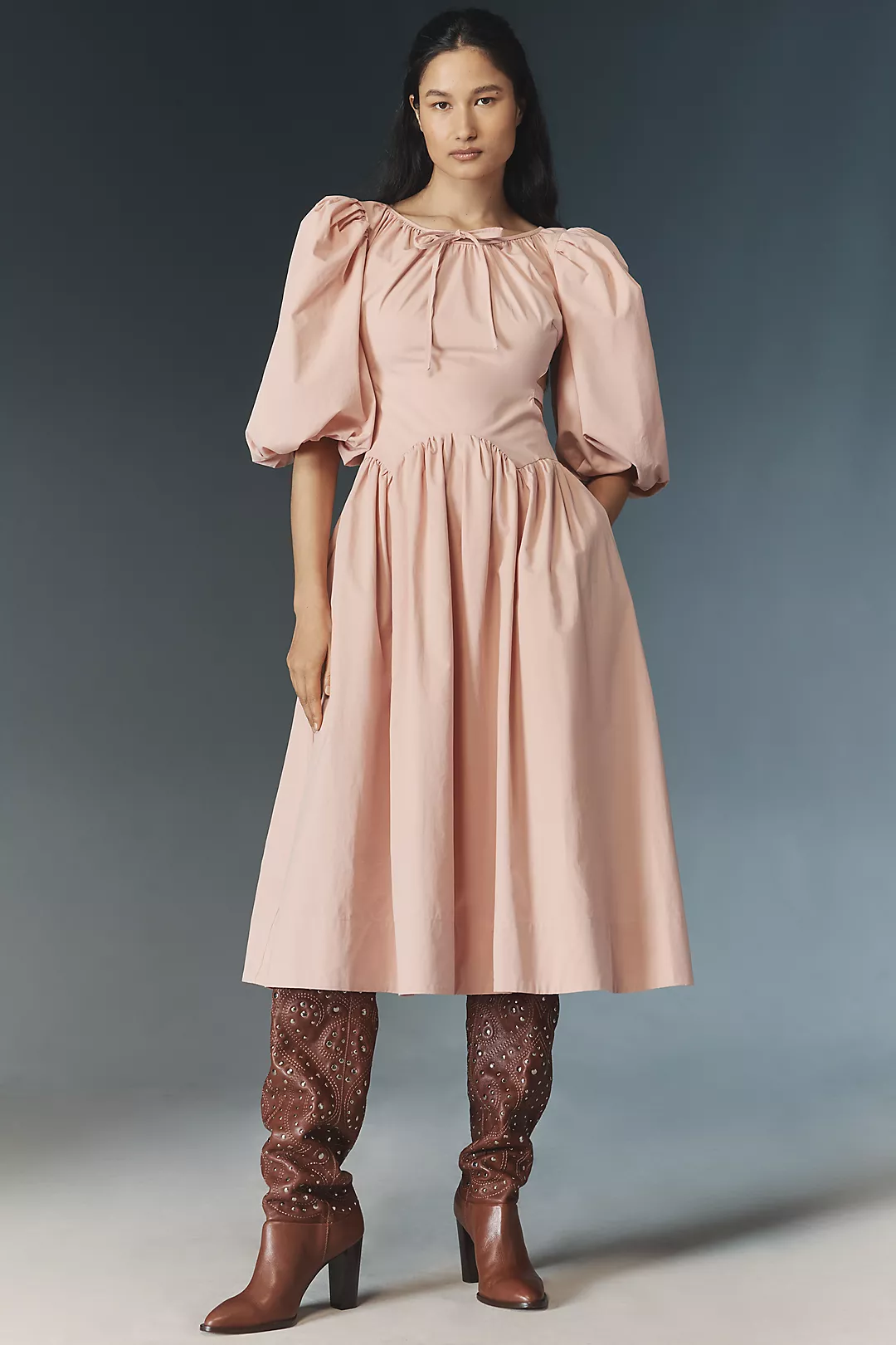 Allina Liu Emma Puff-Sleeve Tie-Back Midi Dress