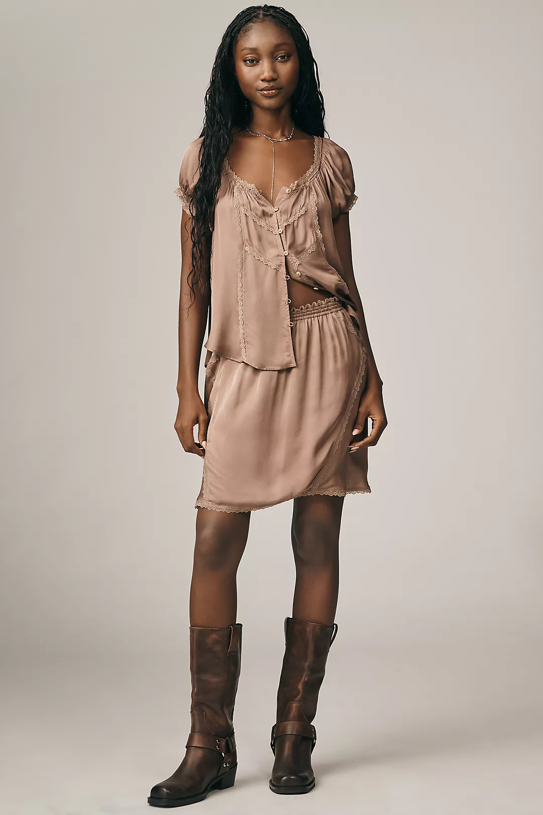 By Anthropologie Silky Lace-Trim Mini Skirt