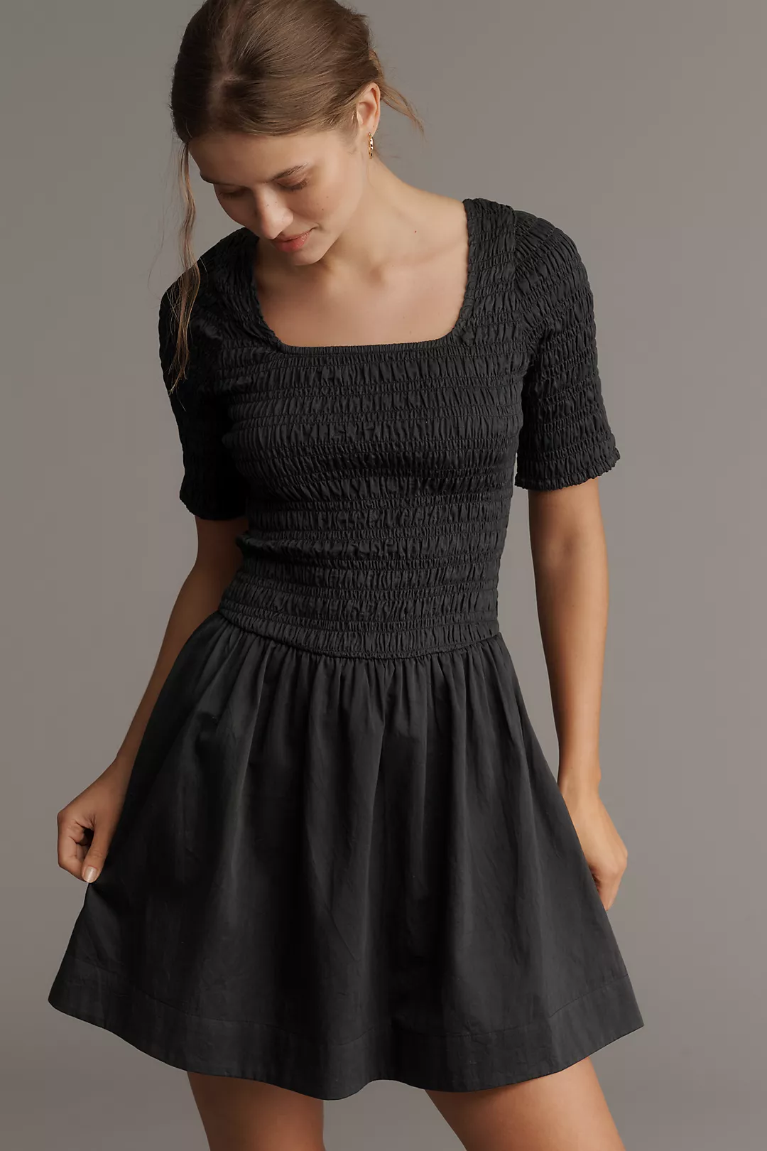 Damson Madder Straight-Neck Smocked Mini Dress