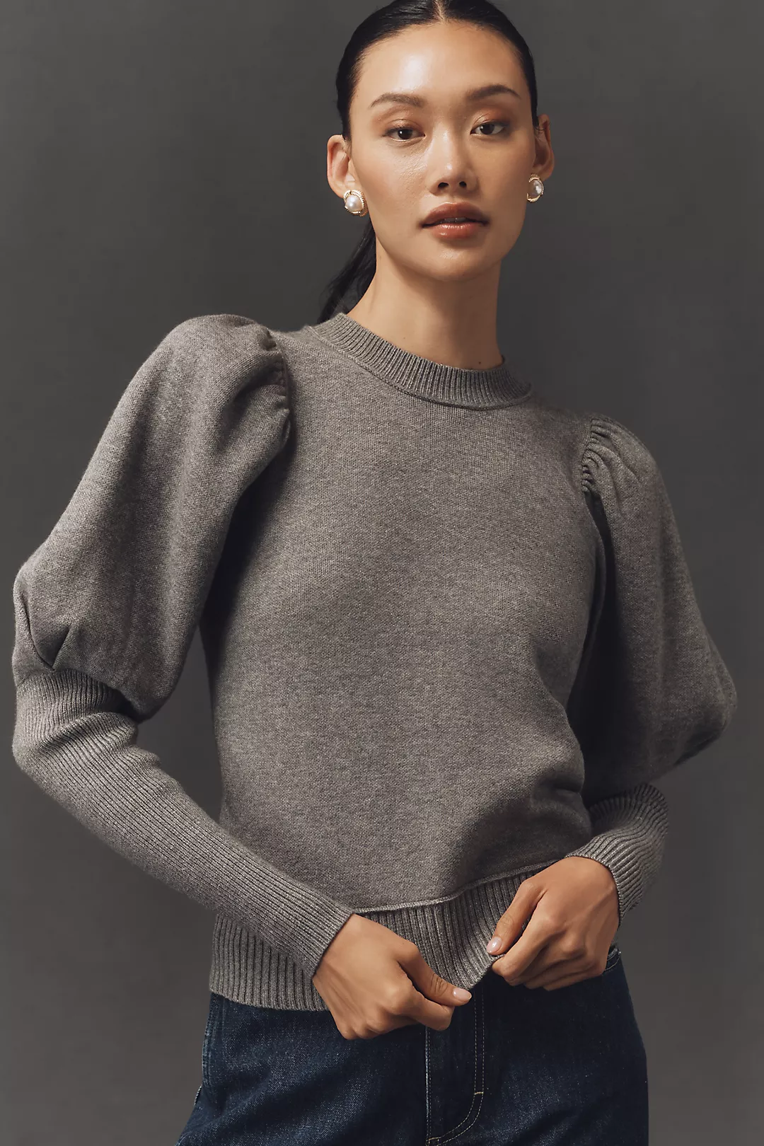 Maeve Puff-Shoulder Ribbed Sweater