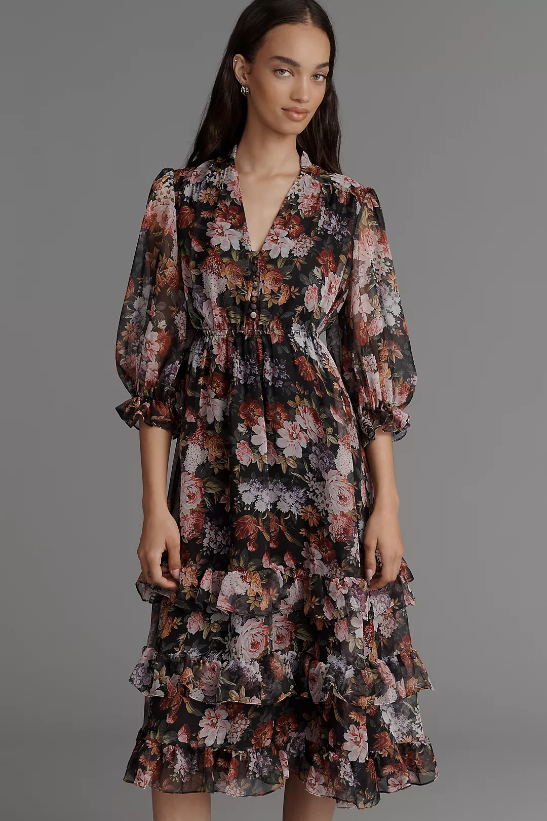 Mac Duggal V-Neck Floral Chiffon Ruffle Midi Dress
