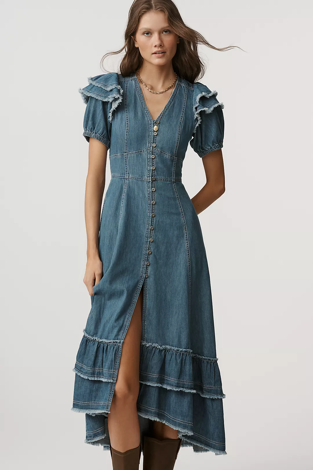 Pilcro Short-Sleeve Ruffled Midi Shirt Dress