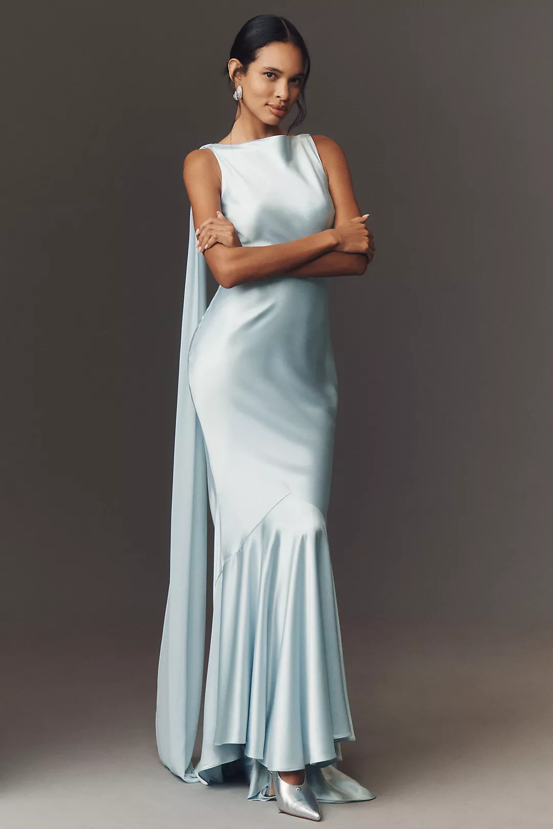 Retrofete Julia Boat-Neck Open-Back Cape Satin Maxi Dress
