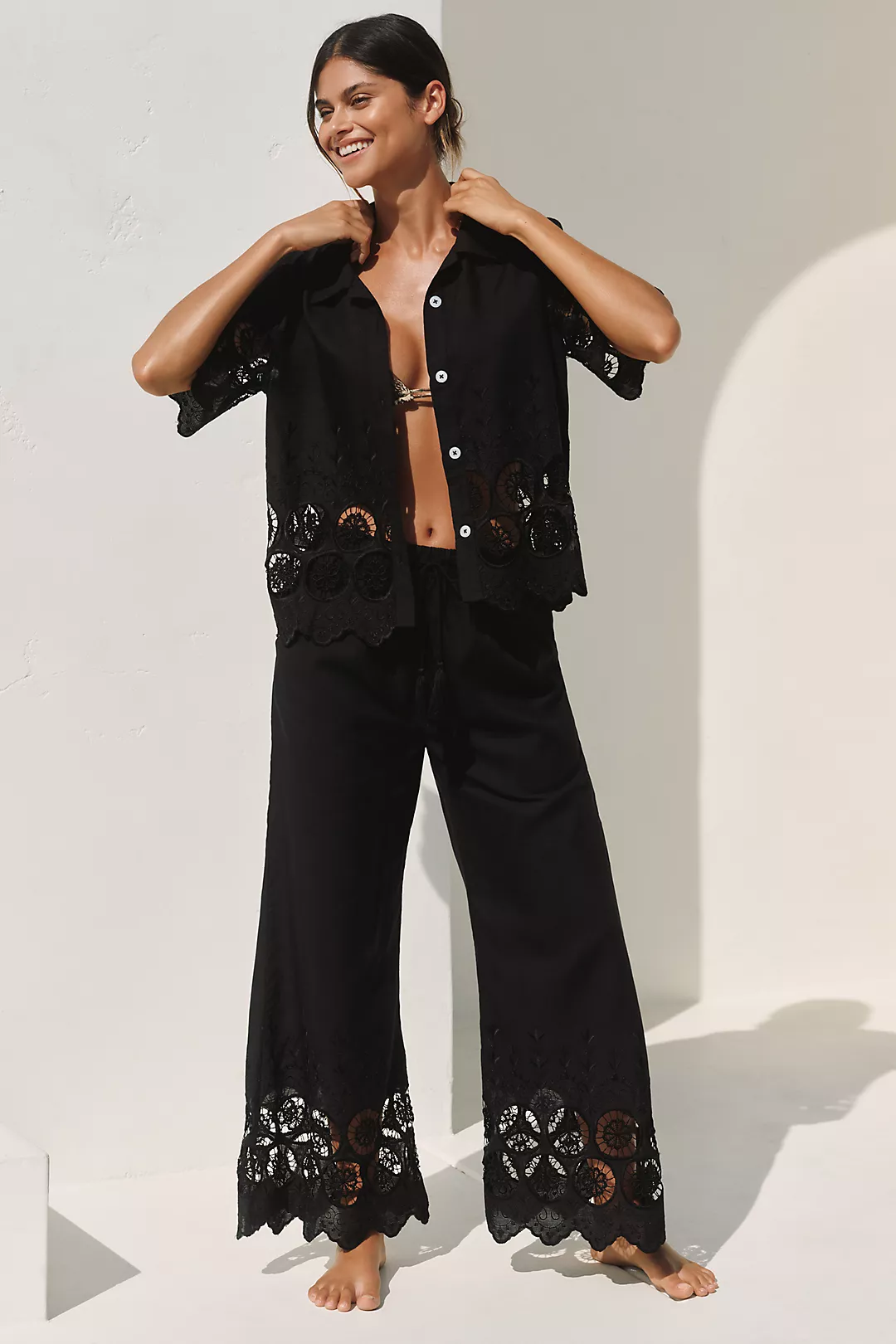 Mahila Embroidered Cutwork Wide-Leg Pants