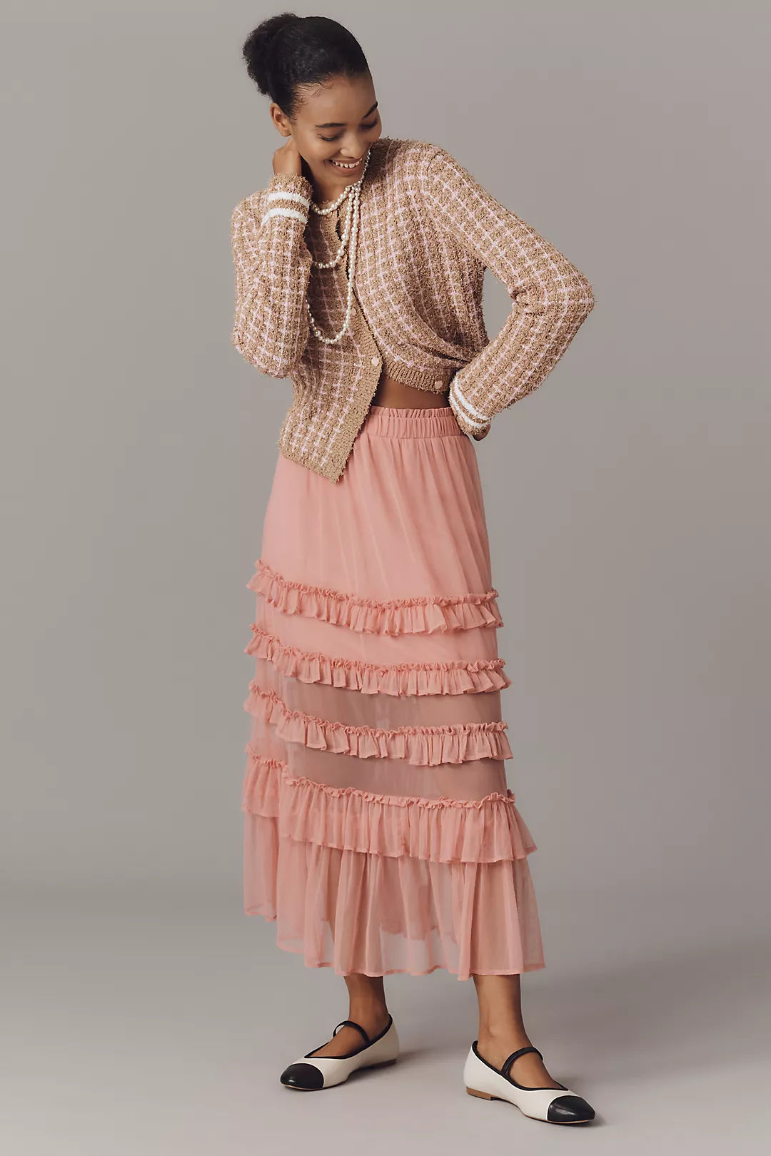 Maeve Ruffled Tulle Tiered Midi Skirt