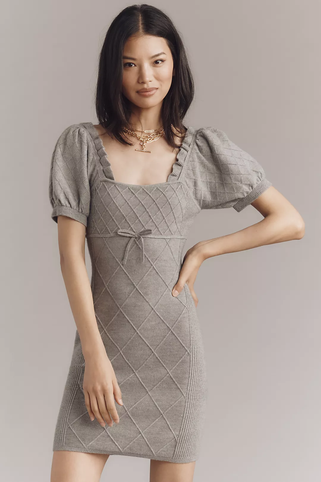 By Anthropologie Puff-Sleeve Crosshatch Sweater Dress