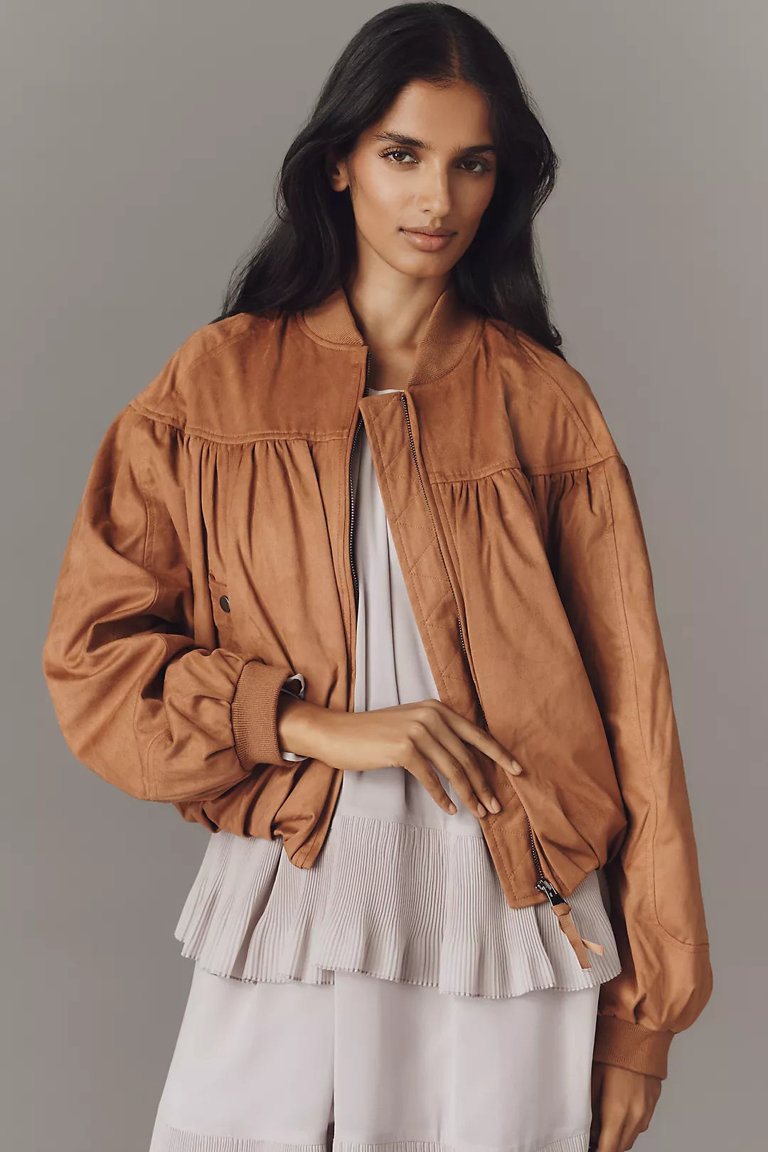 By Anthropologie Faux-Suede Bubble Bomber Jacket