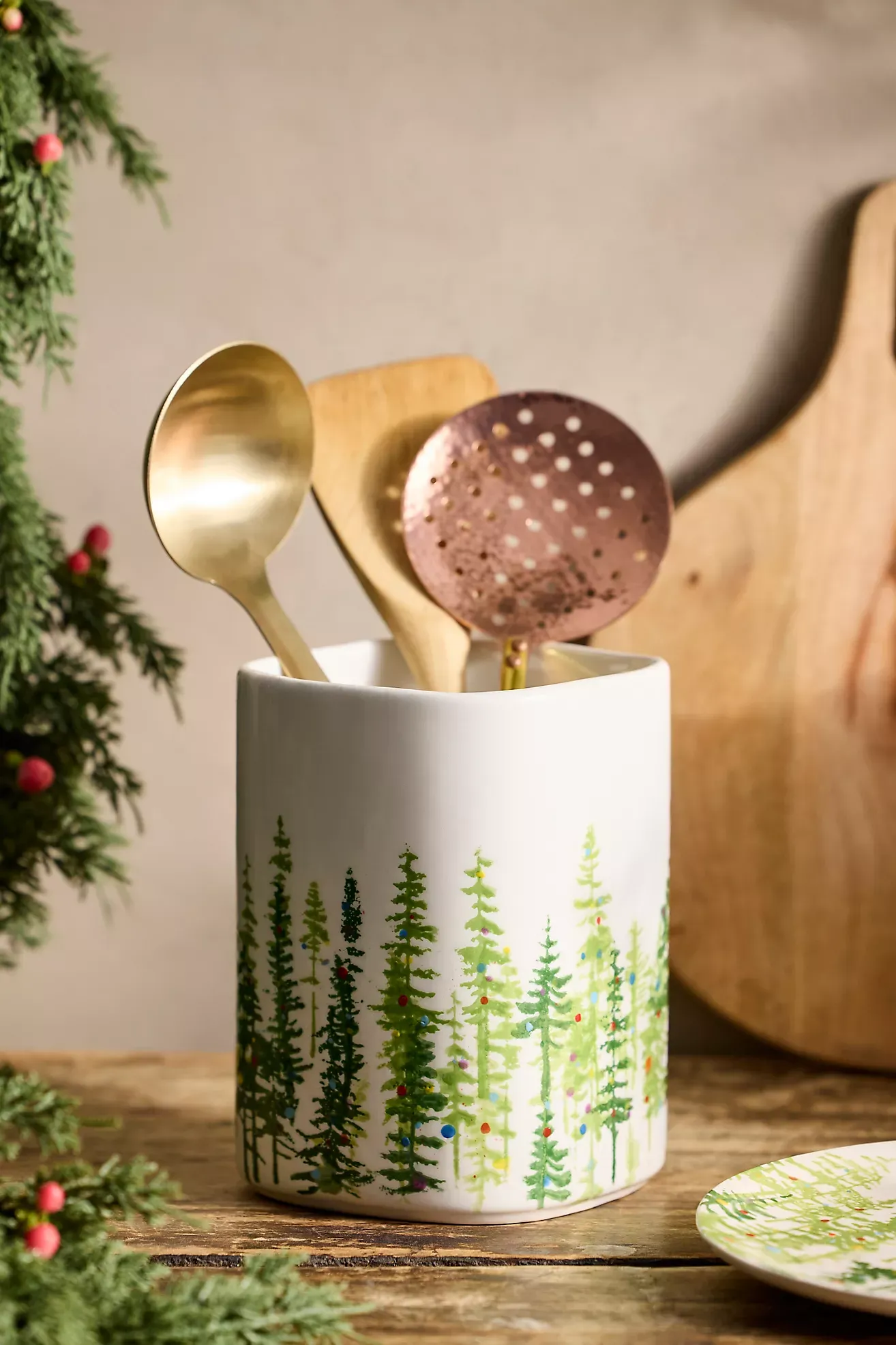 Holiday Forest Stoneware Utensil Holder
