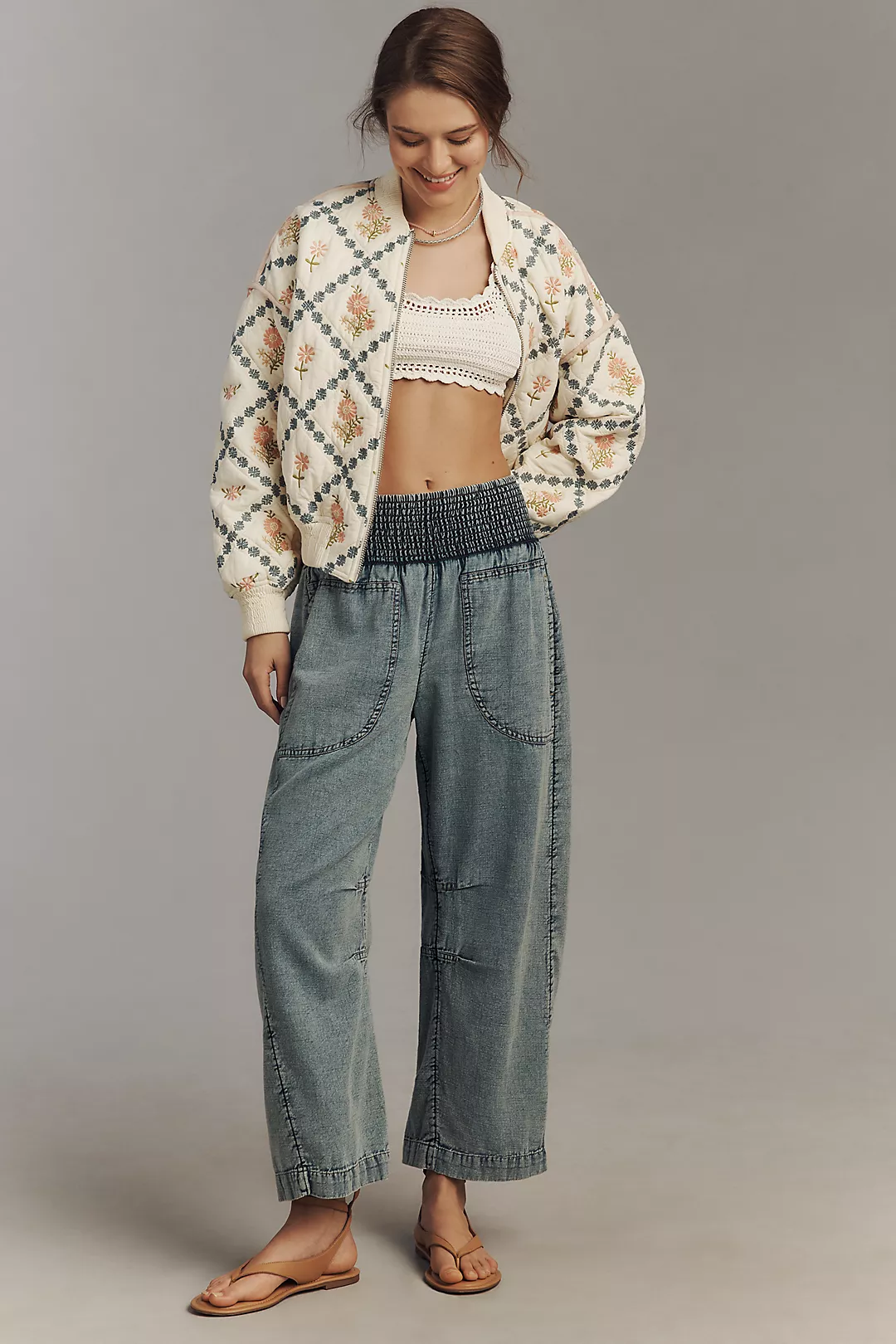 The Reese Smocked Denim Pull-On Barrel Pants
