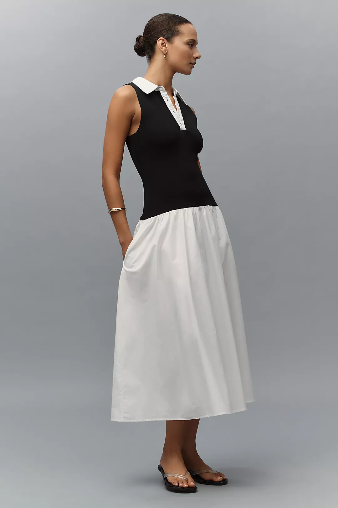 Endless Rose Sleeveless Collared Twofer Drop-Waist Midi Dress