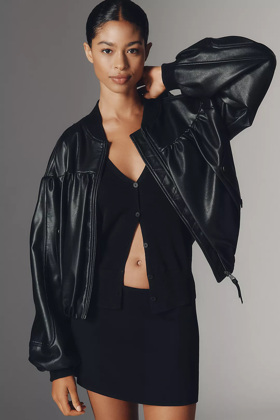 By Anthropologie Faux-Leather Crop Bubble Bomber Jacket
