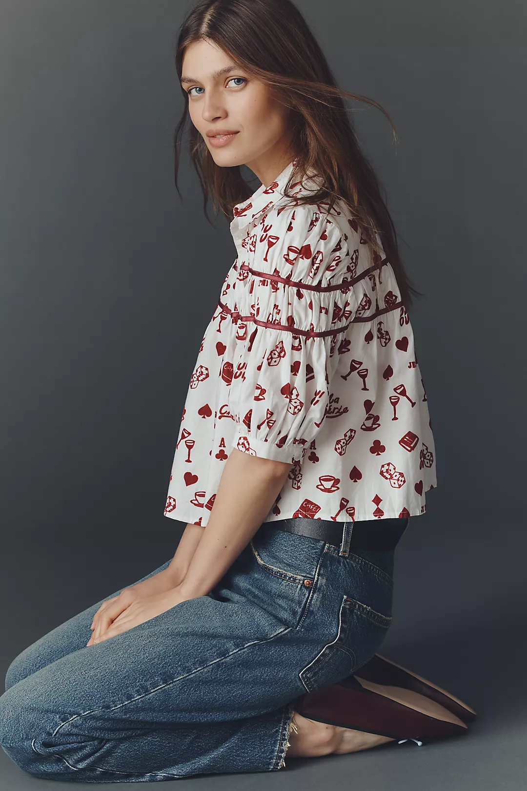 The Leandra Flocked Shirred Yoke Blouse by Maeve