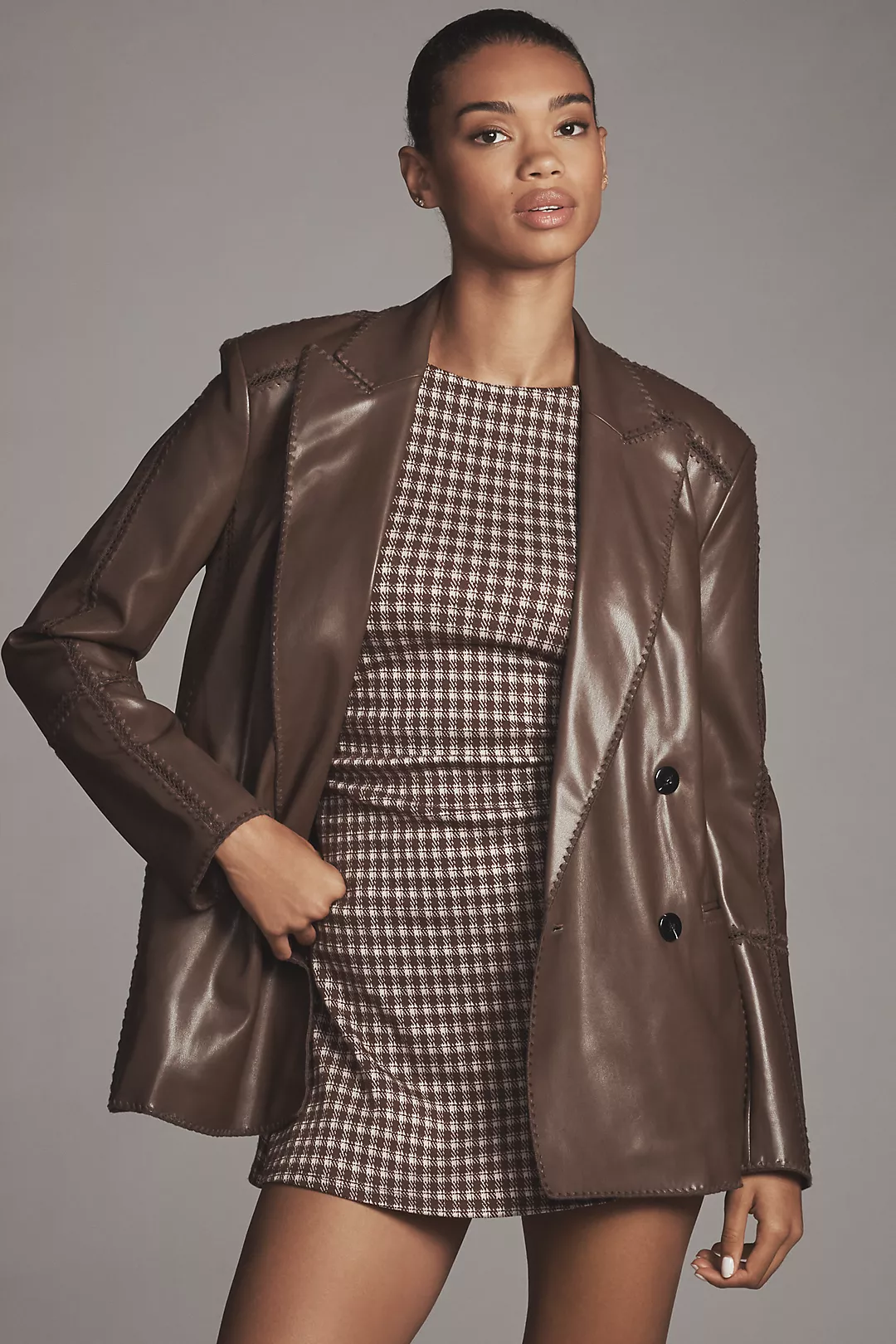 By Anthropologie Faux-Leather Crochet-Stitch Blazer