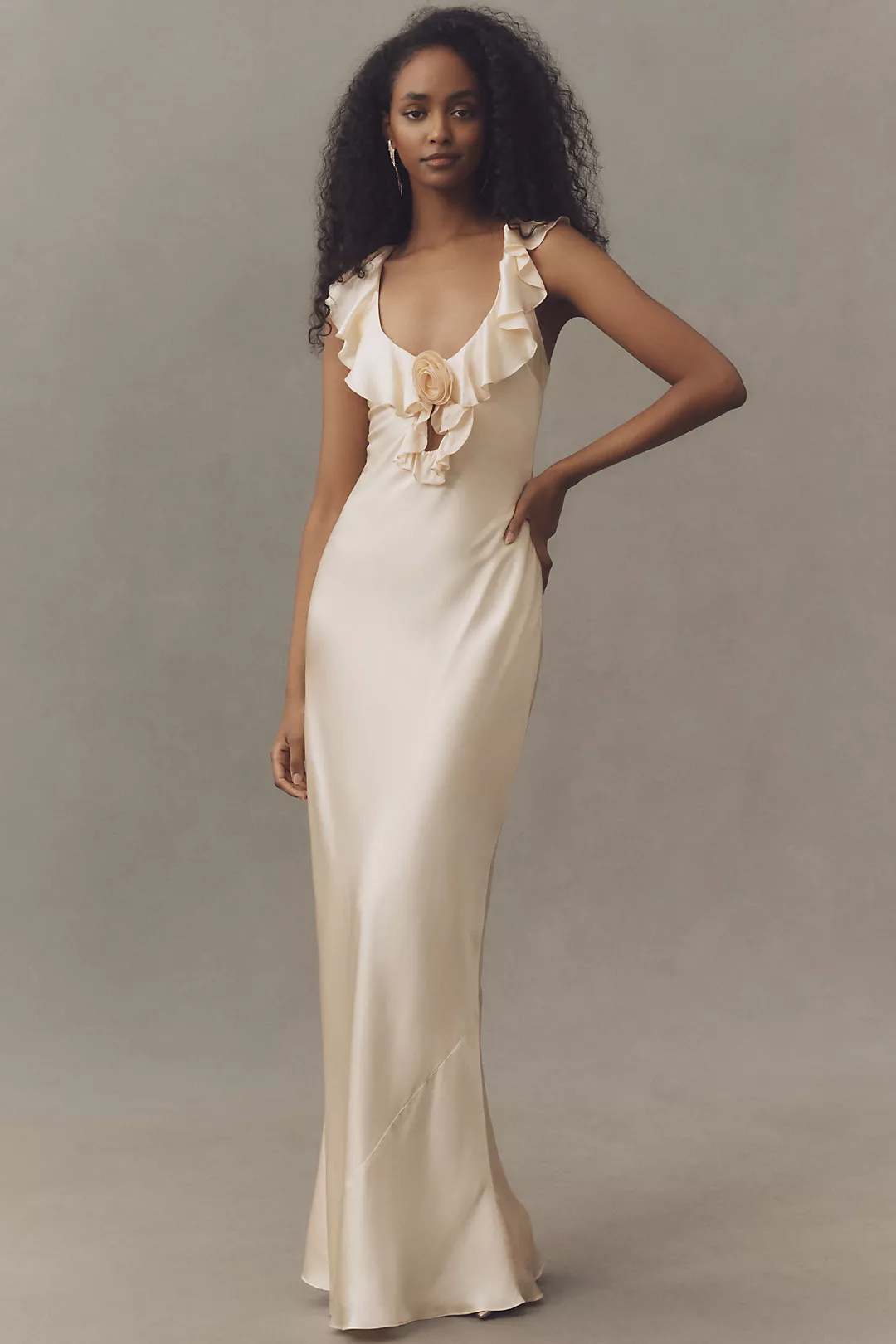 De La Vali Nema Ruffle Rosette Silk Satin Maxi Dress