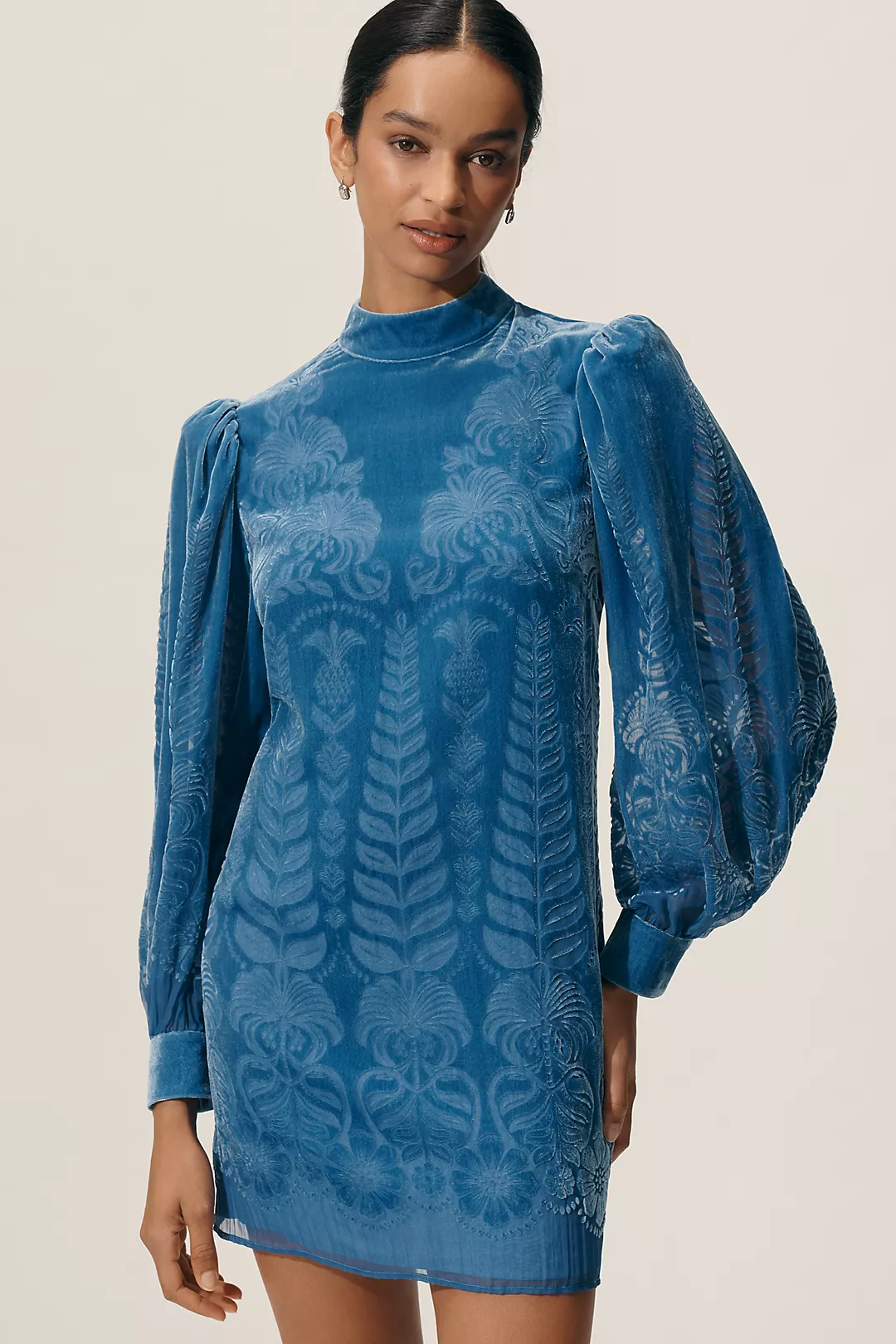 Farm Rio x Anthropologie Puff-Sleeve Velvet Mini Dress