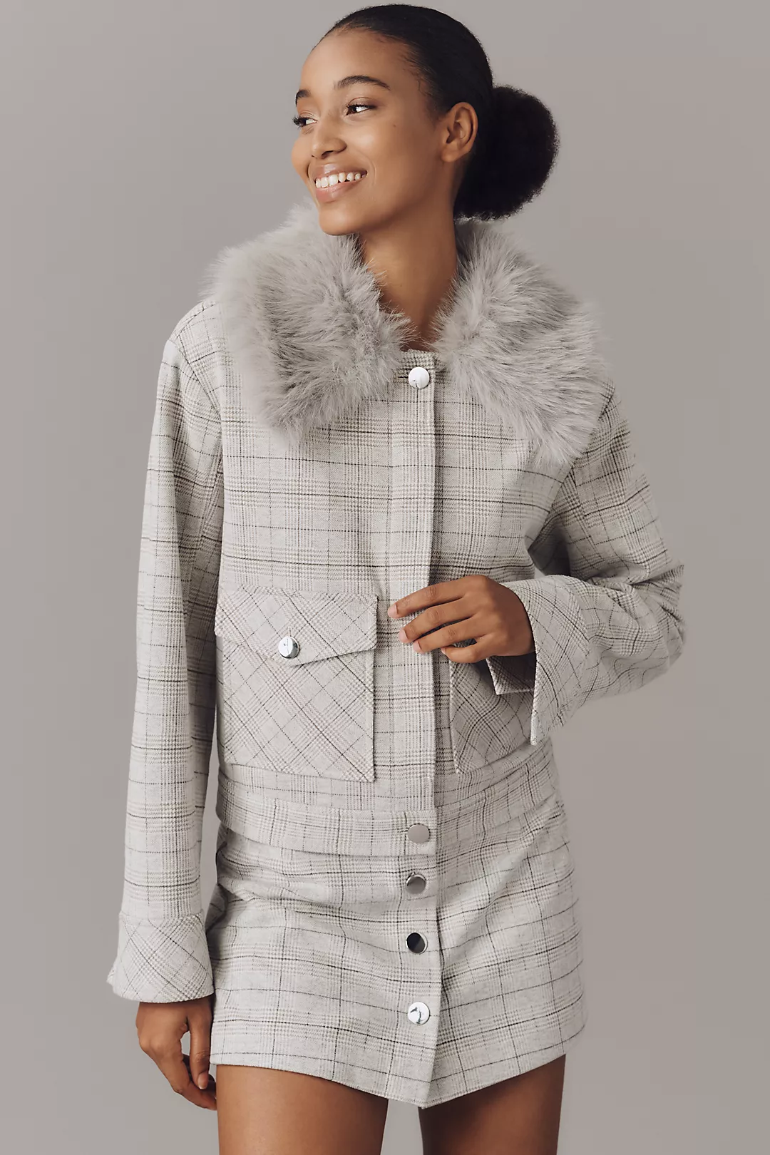 Maeve Faux-Fur Collar Plaid Jacket