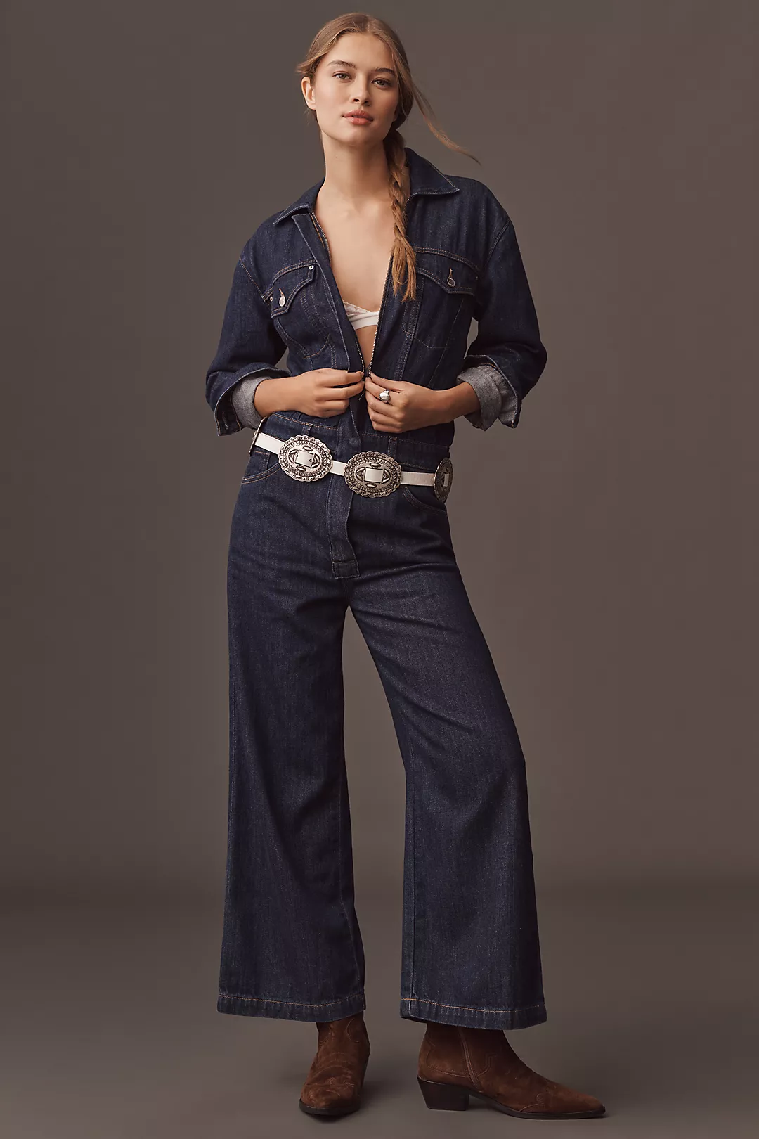 Hudson Long-Sleeve Wide-Leg Crop Denim Jumpsuit