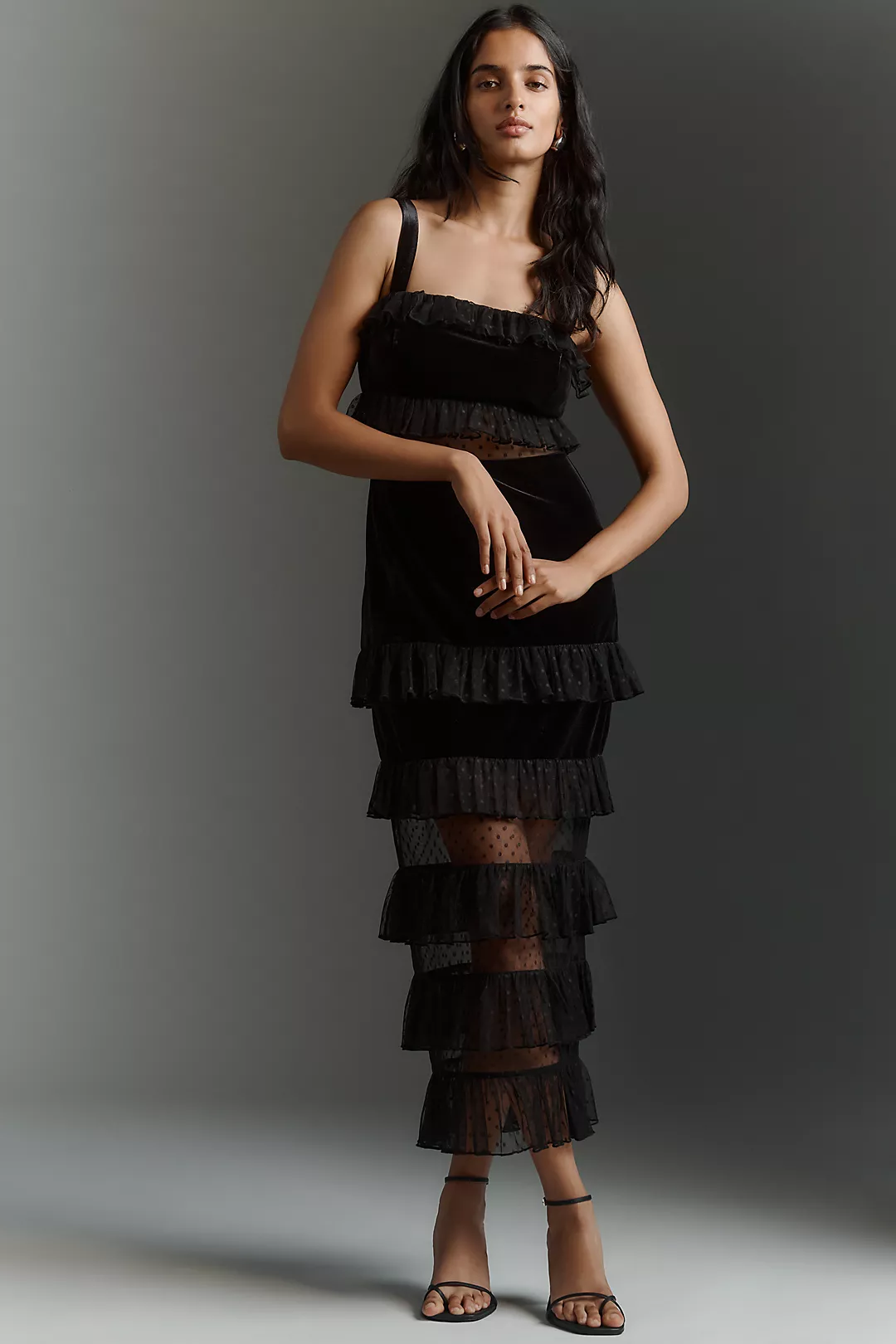 Avec Les Filles Sheer Panel Tiered Midi Dress