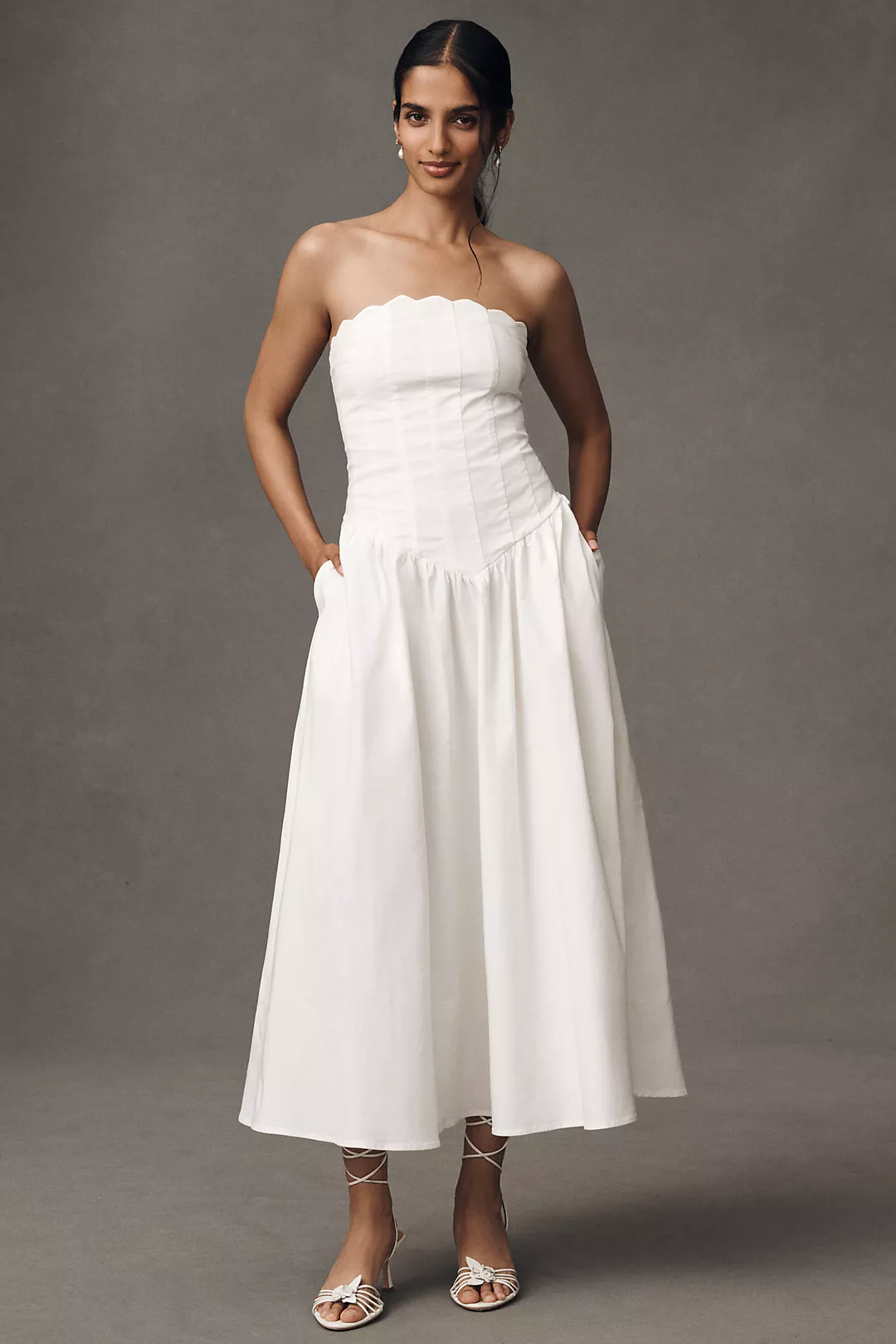 BHLDN Strapless Magic Fabric Basque-Waist Midi Dress