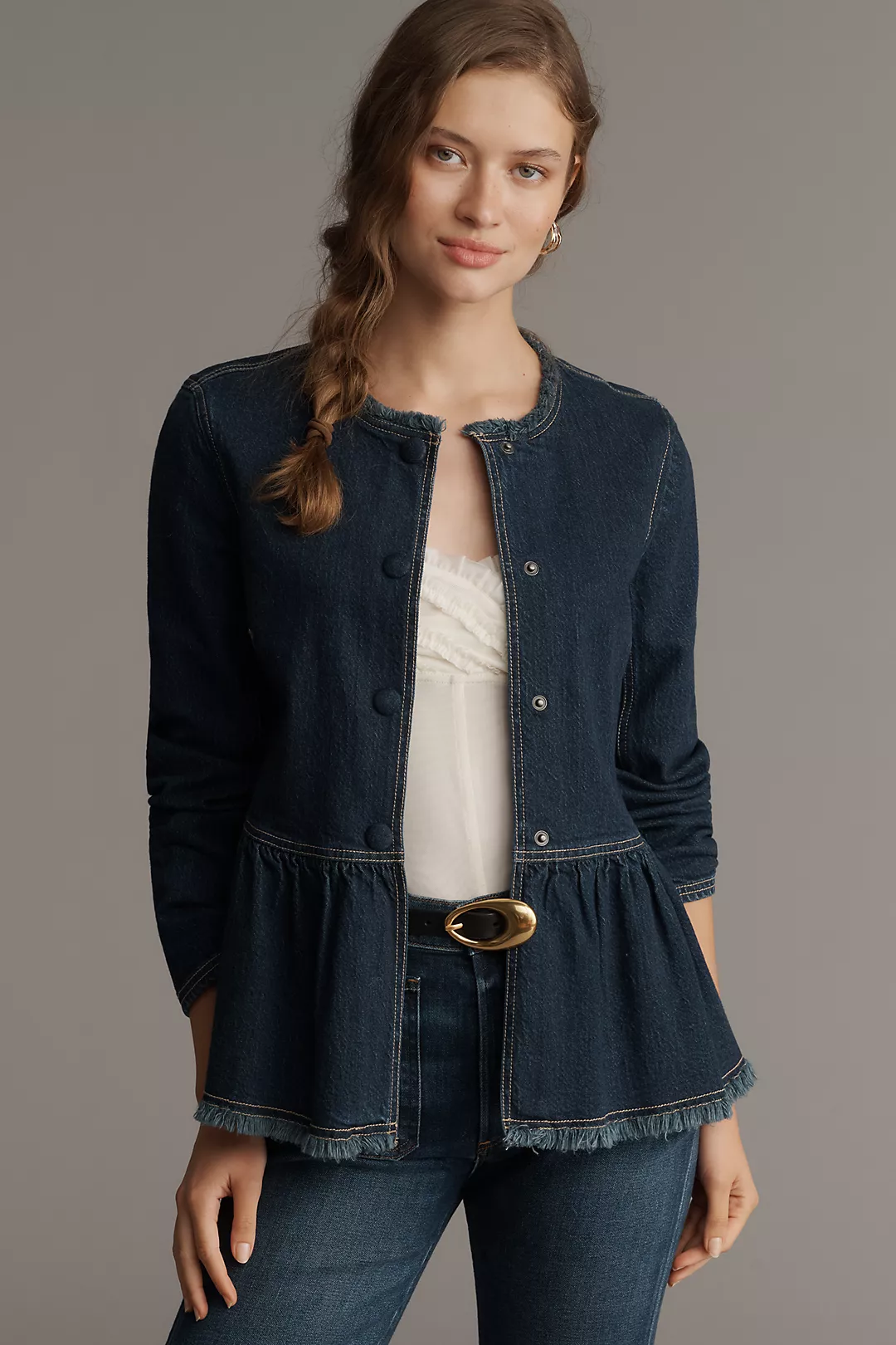 Pilcro Collarless Peplum Denim Jacket