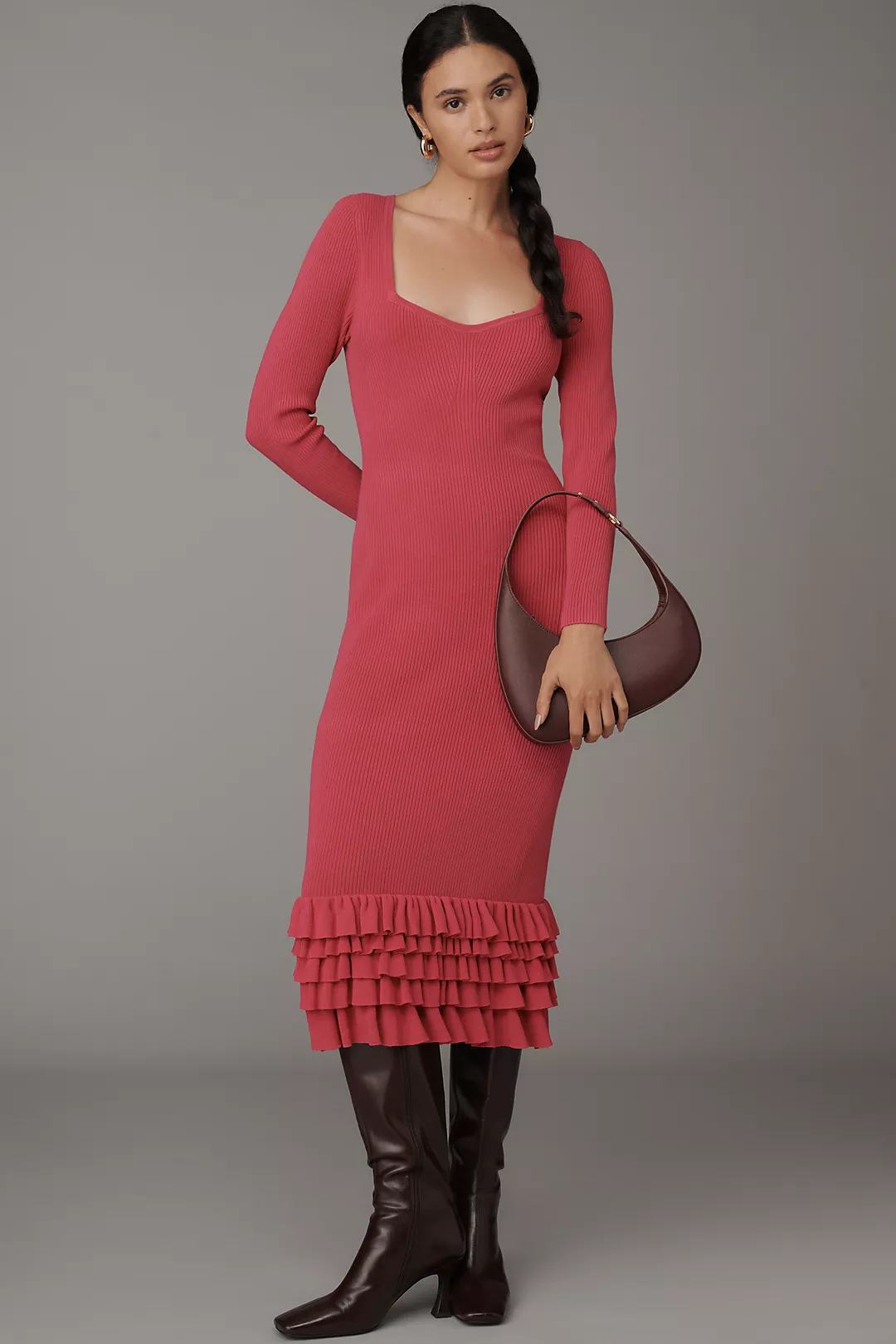 By Anthropologie Slim Ruffle Sweater Midi Dress