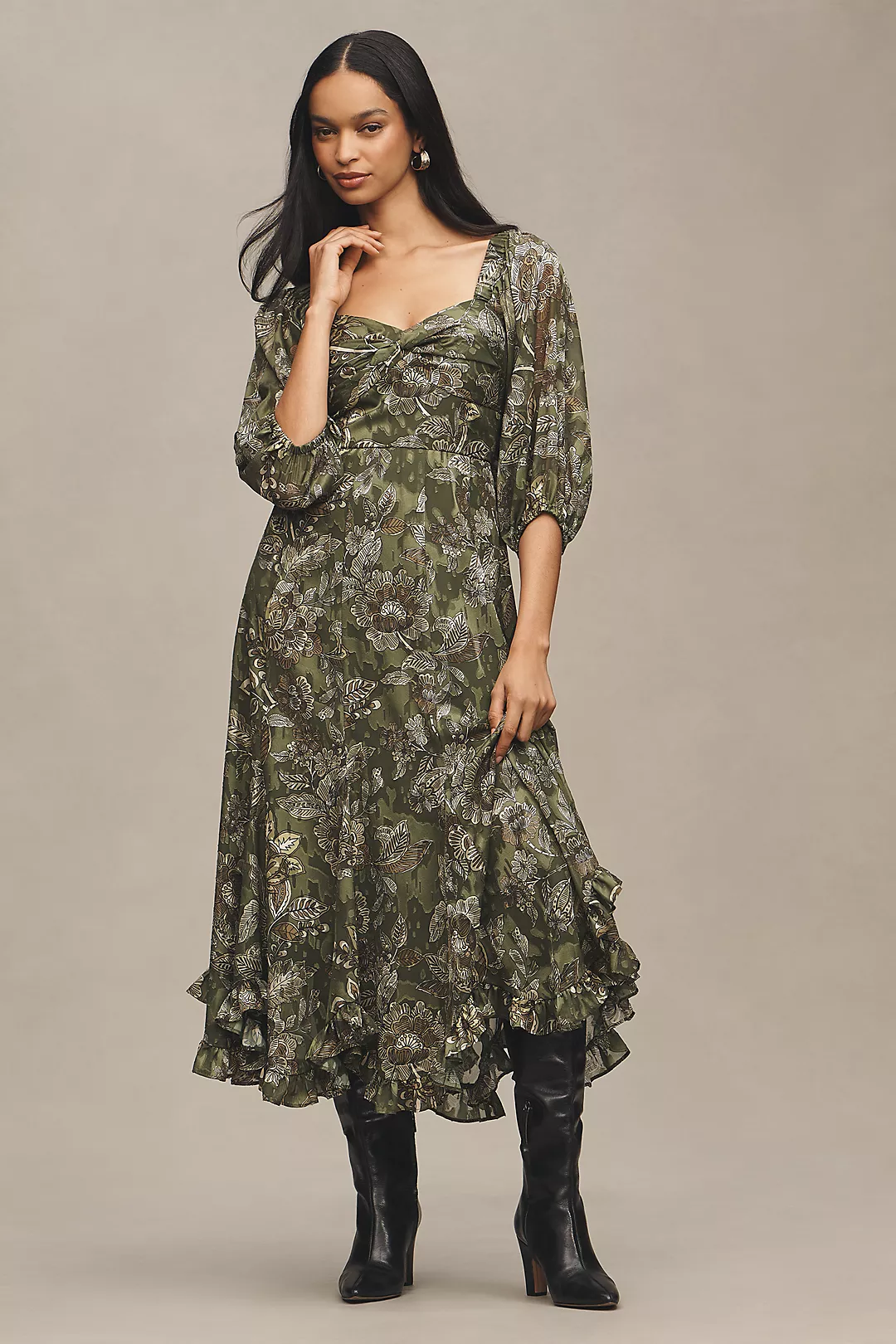 Hutch Printed Twist-Front Puff-Sleeve Ruffle-Hem Dress
