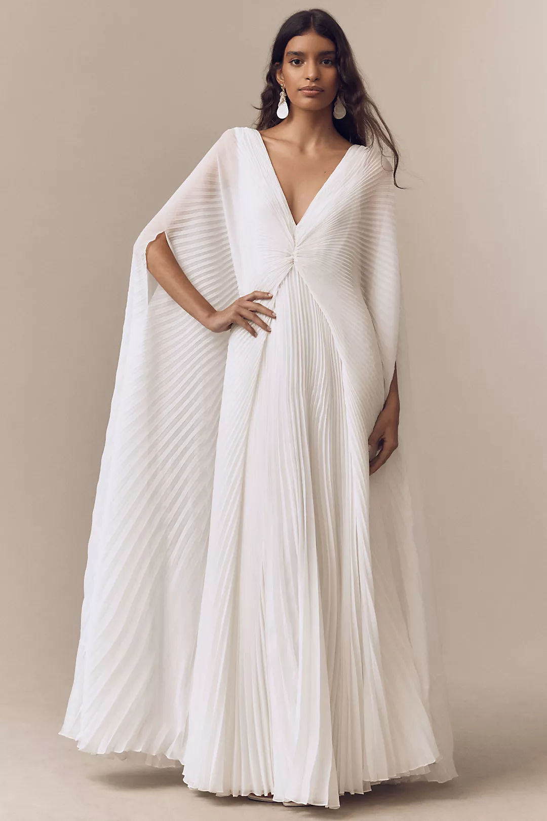 Geisha Designs Pleated Cape V-Neck Maxi Dress