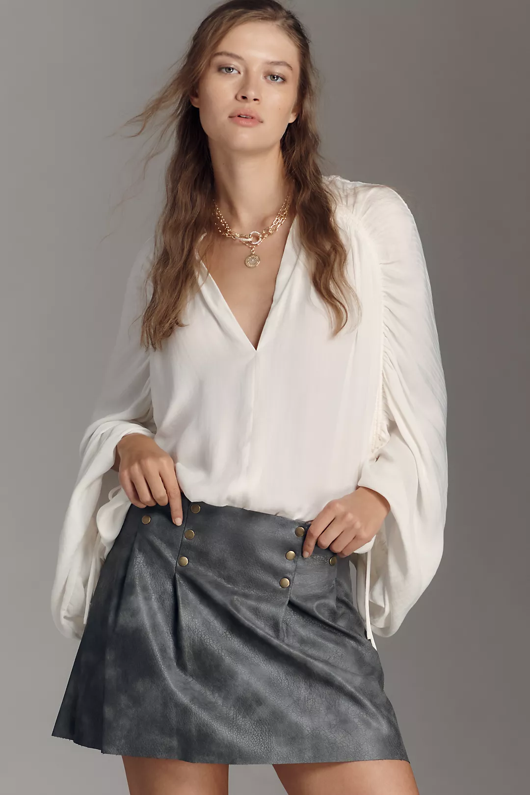 By Anthropologie Faux-Leather Studded Mini Skirt
