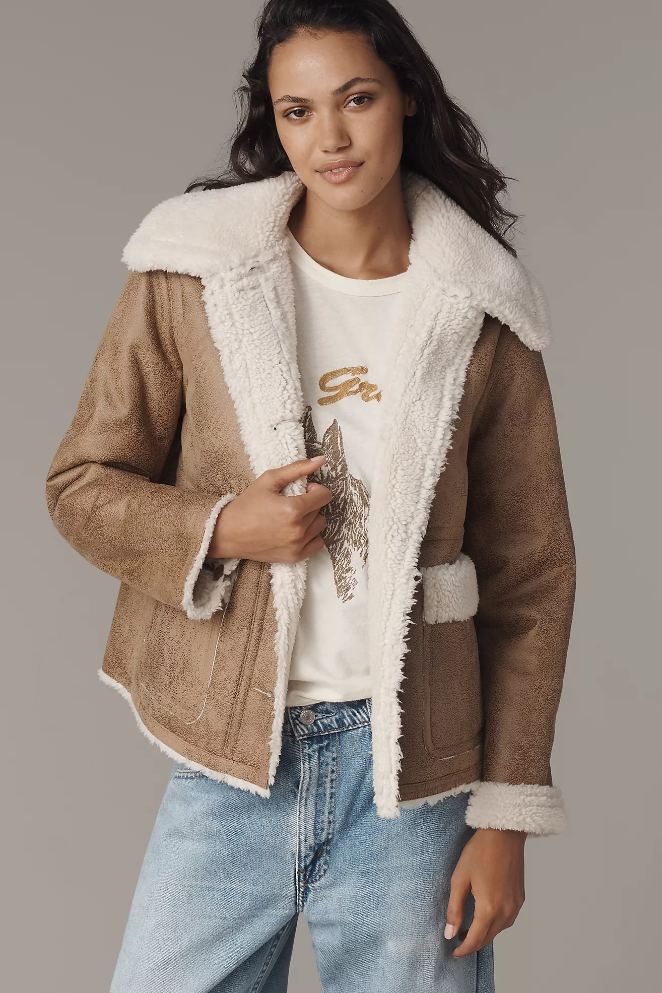 Bernardo Distressed Faux-Suede Sherpa Fleece Jacket