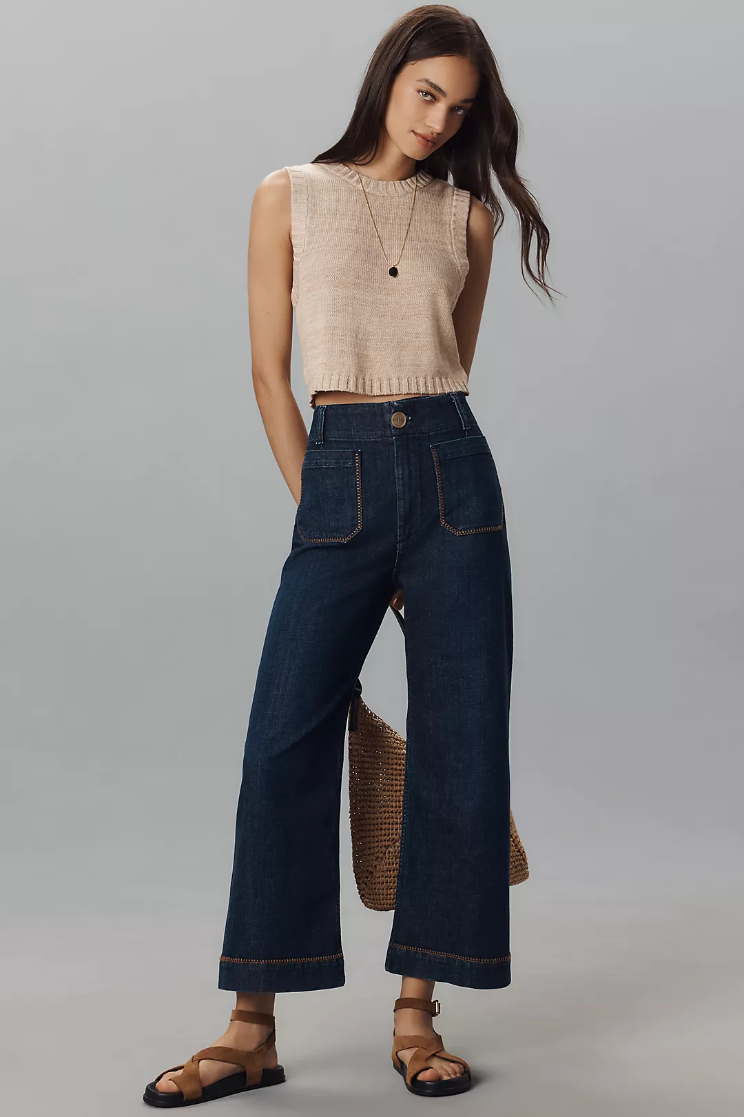 The Colette Whipstitch Crop Wide-Leg Jeans by Maeve