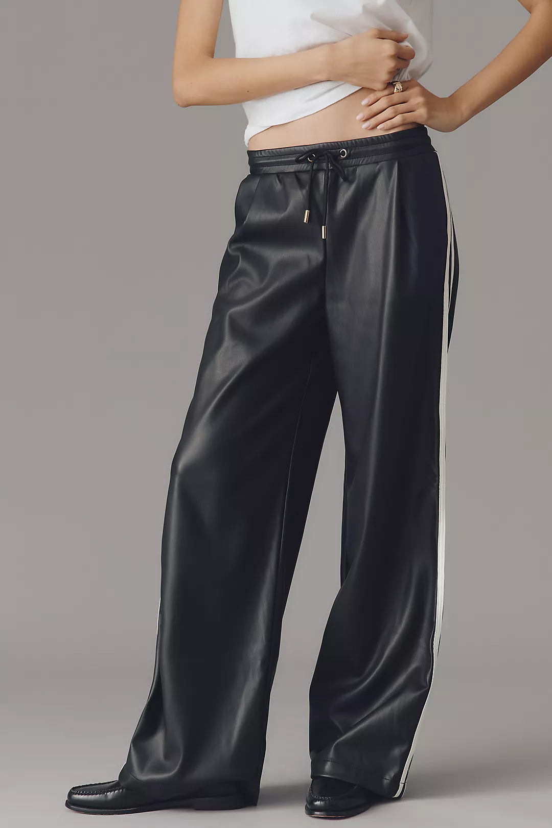 Bishop + Young Faux-Leather Wide-Leg Track Pants