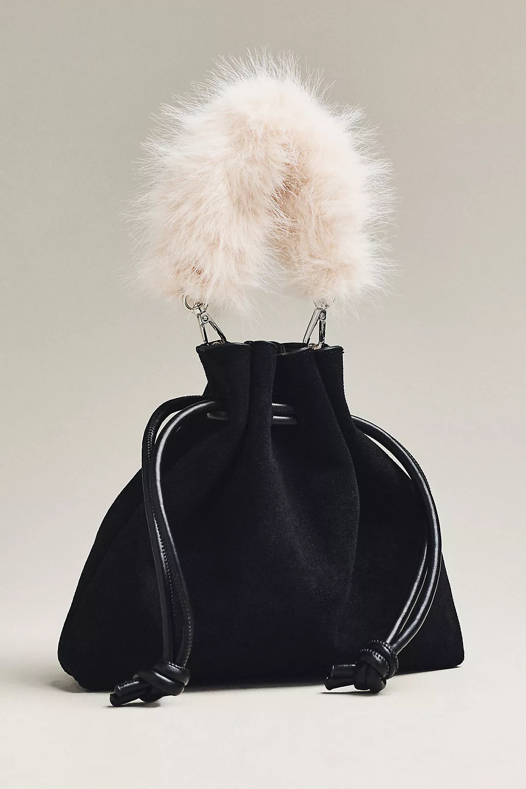 Cinched Suede Faux Fur Bucket Bag