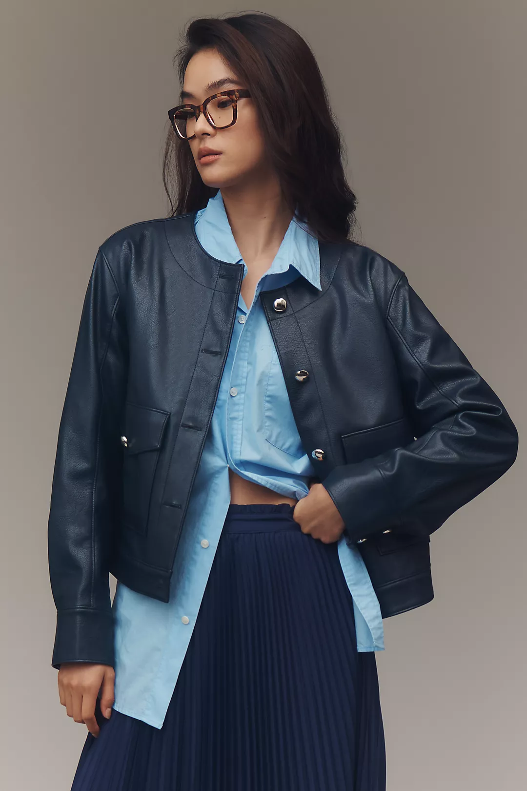 Maeve Crew-Neck Faux-Leather Jacket