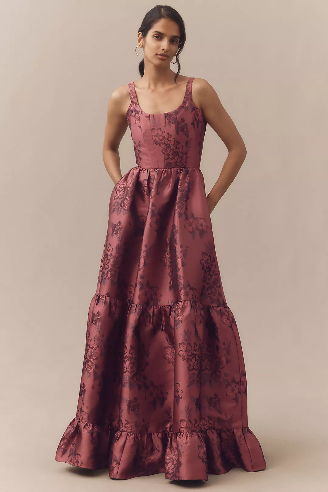 V. Chapman Avery Scoop-Neck Tiered Floral Brocade Maxi Dress