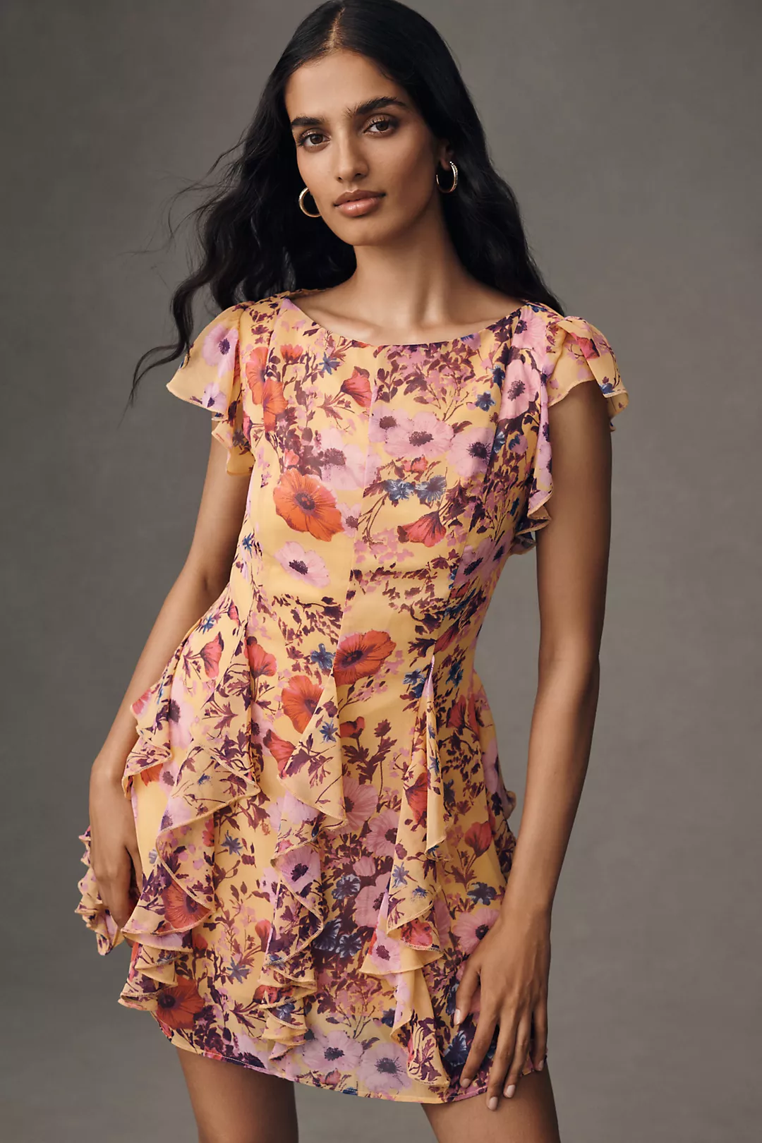 BHLDN Sleeveless Ruffled Chiffon Mini Dress