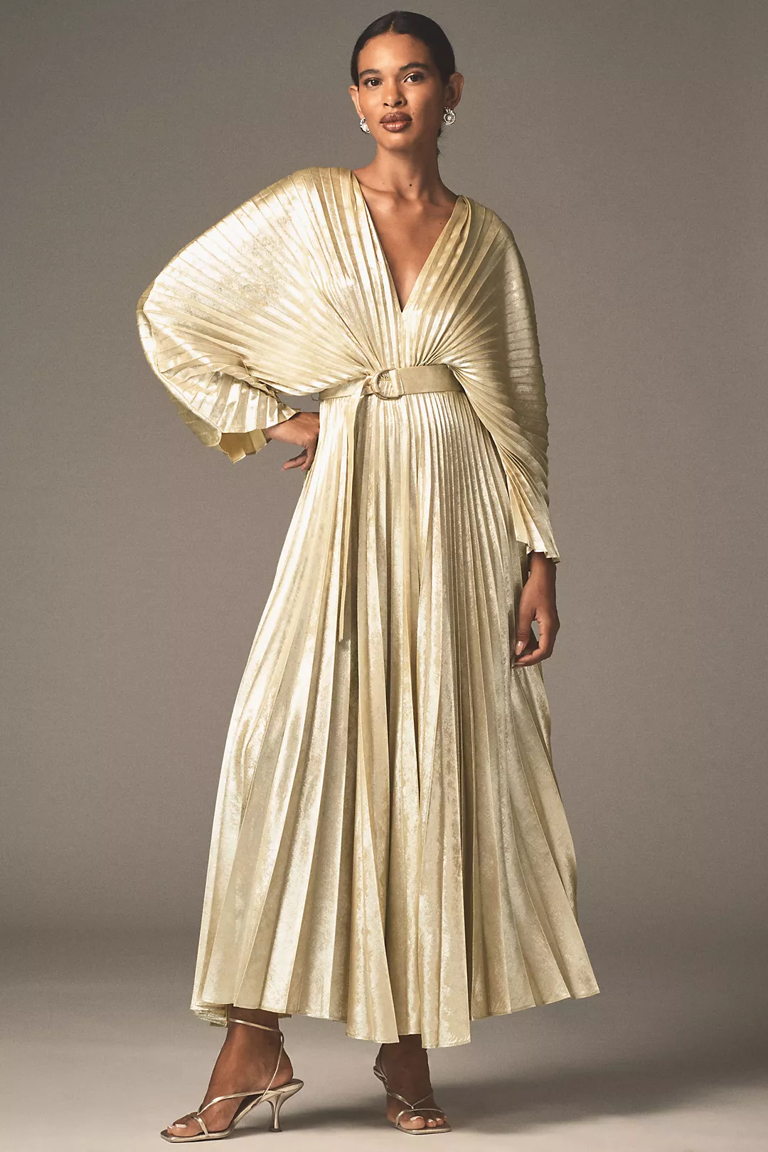Acler Westover Long-Sleeve V-Neck Belted Pleated Maxi Dress