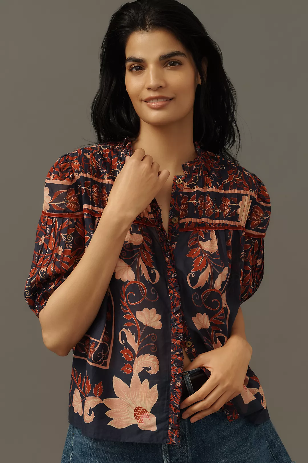Farm Rio Puff-Sleeve Buttondown Blouse