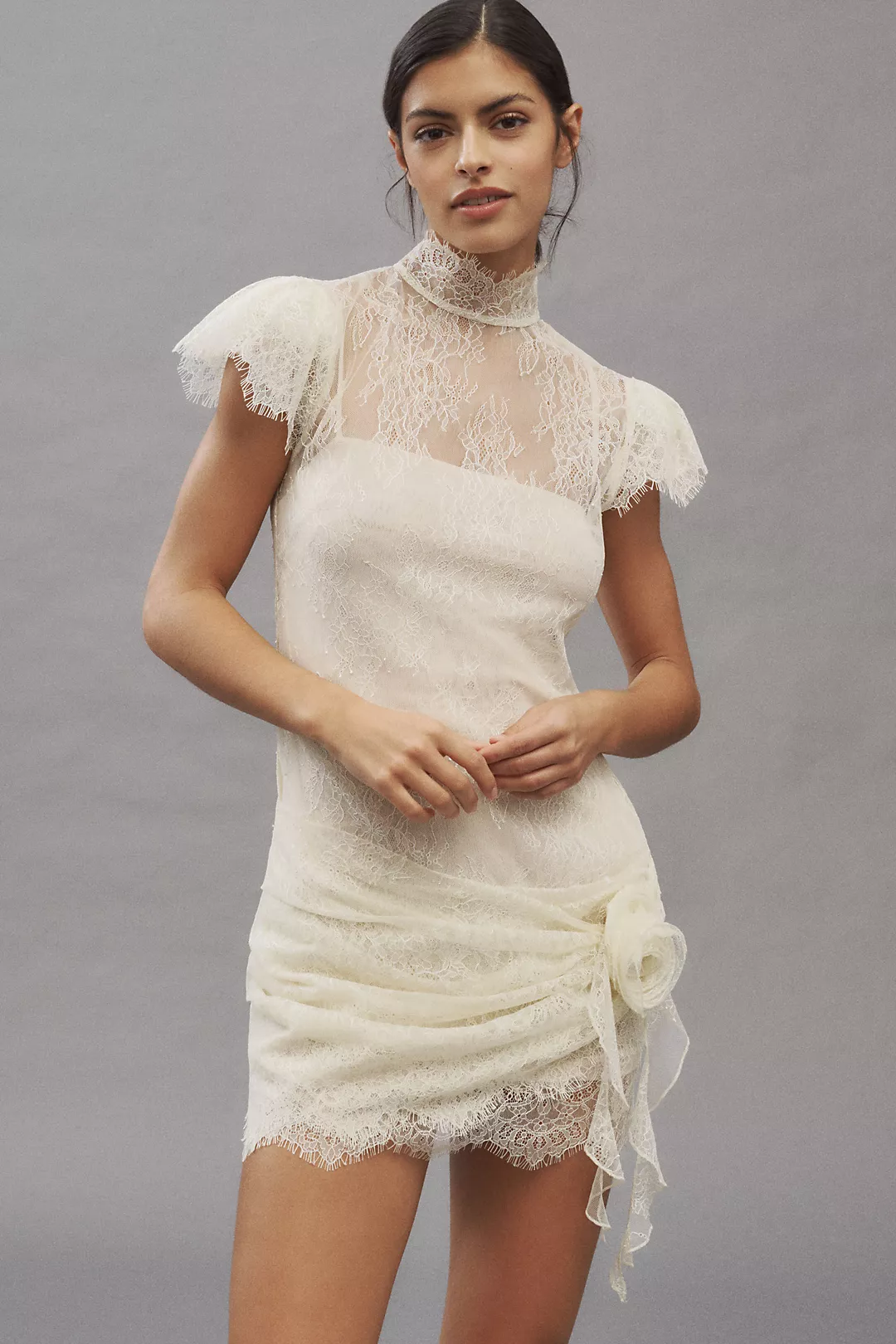 De La Vali Silentium Flounce-Sleeve Lace Mini Dress