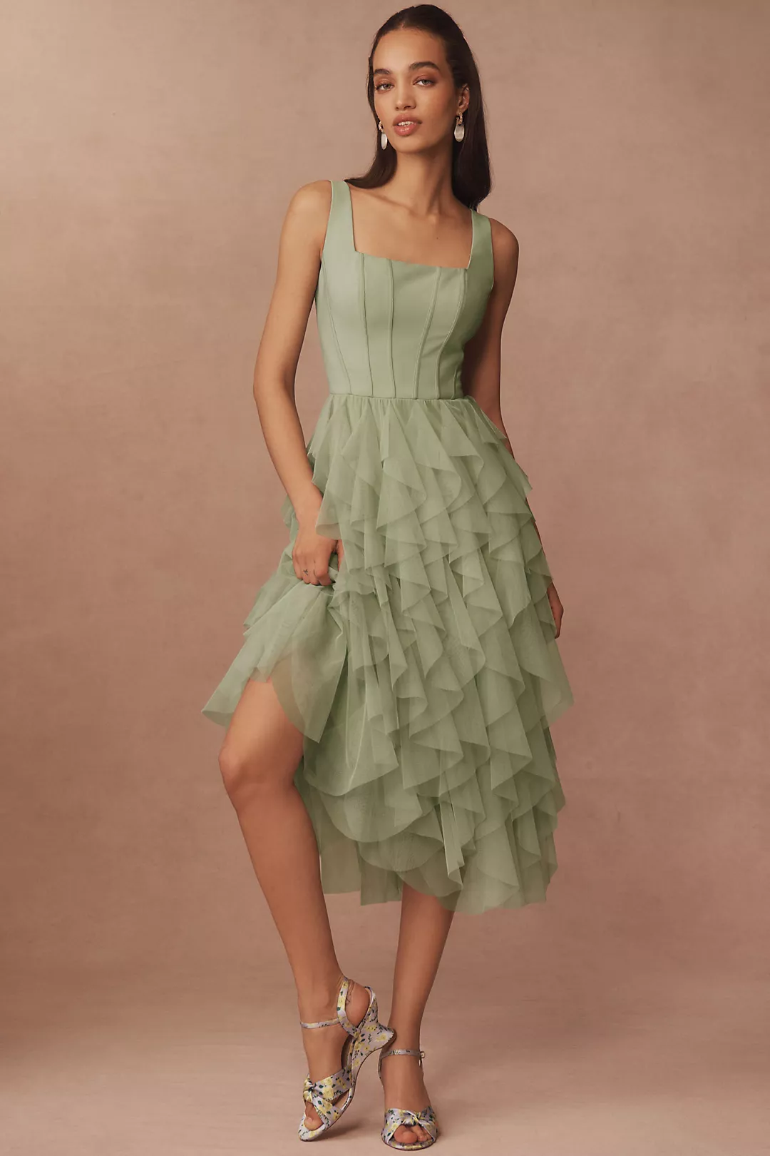 BHLDN Talia Square-Neck Corset Tulle Midi Dress